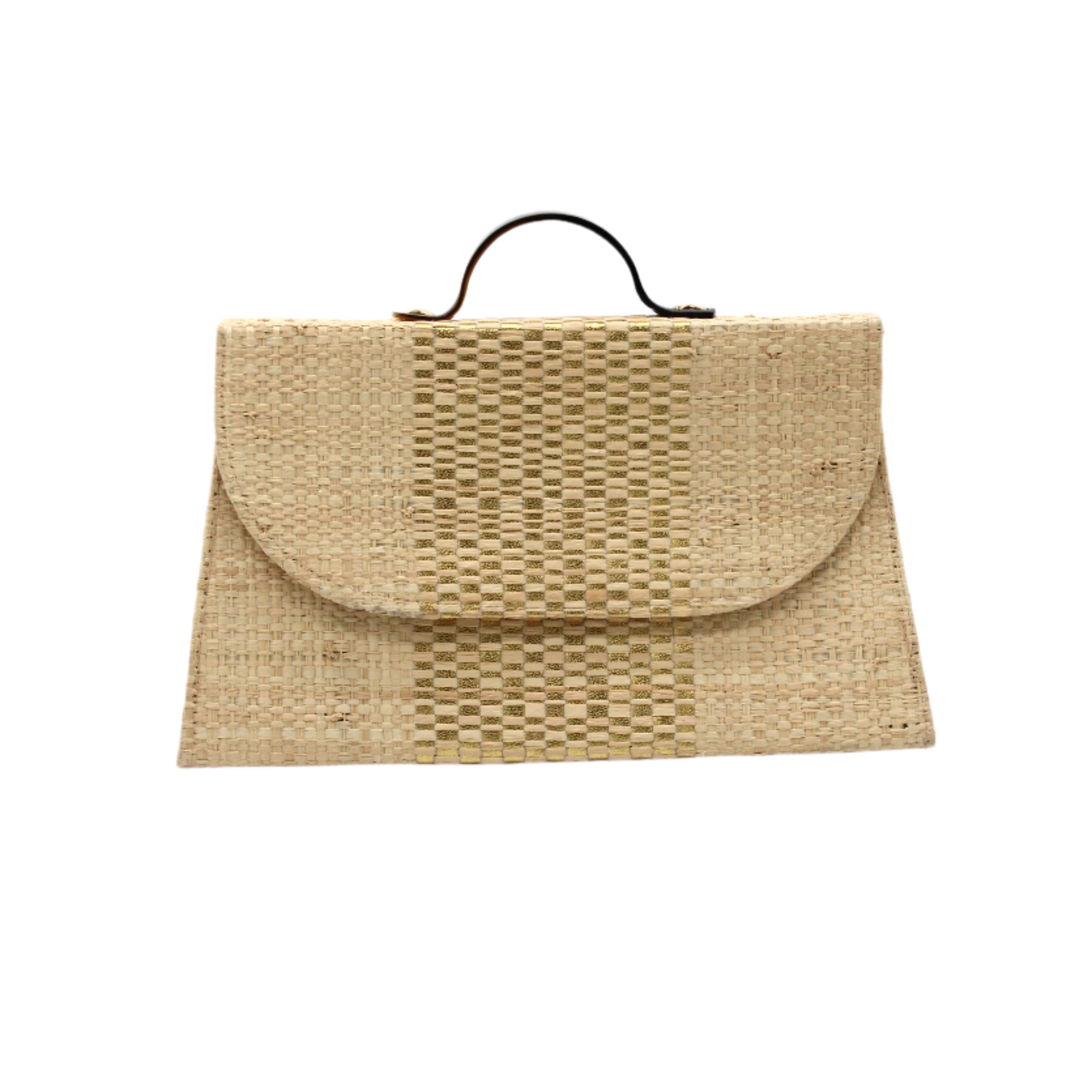Wynwood Natural Straw Handbag with Metallic Detailing & Horn Handle handmade loomed raffia in natural straw color and silver metallic vegan leather in three vertical bands of color with the metallic weave centered on the purse under the handles - Shebobo
