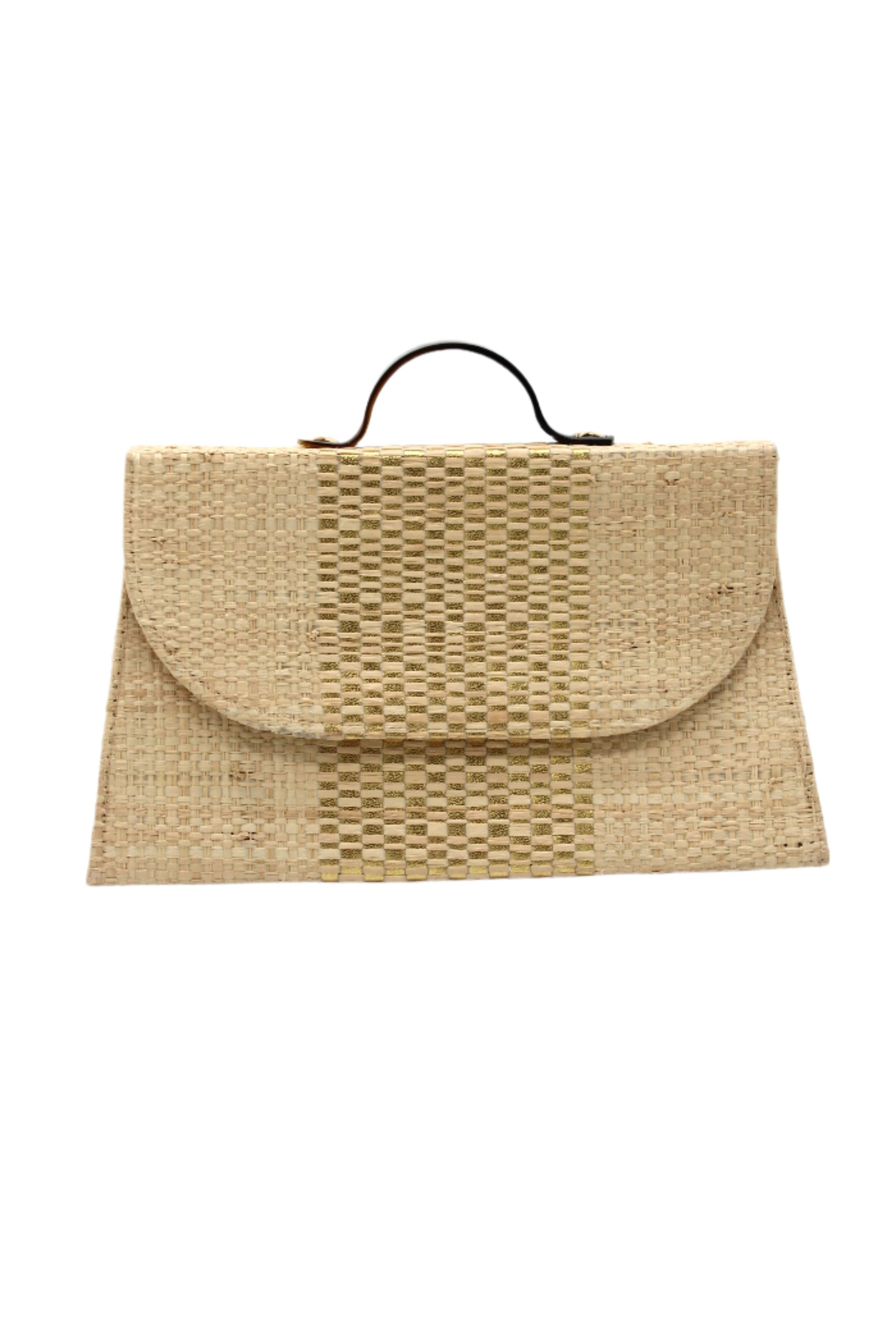 Wynwood Natural Straw Handbag with Metallic Detailing & Horn Handle handmade loomed raffia in natural straw color and silver metallic vegan leather in three vertical bands of color with the metallic weave centered on the purse under the handles - Shebobo