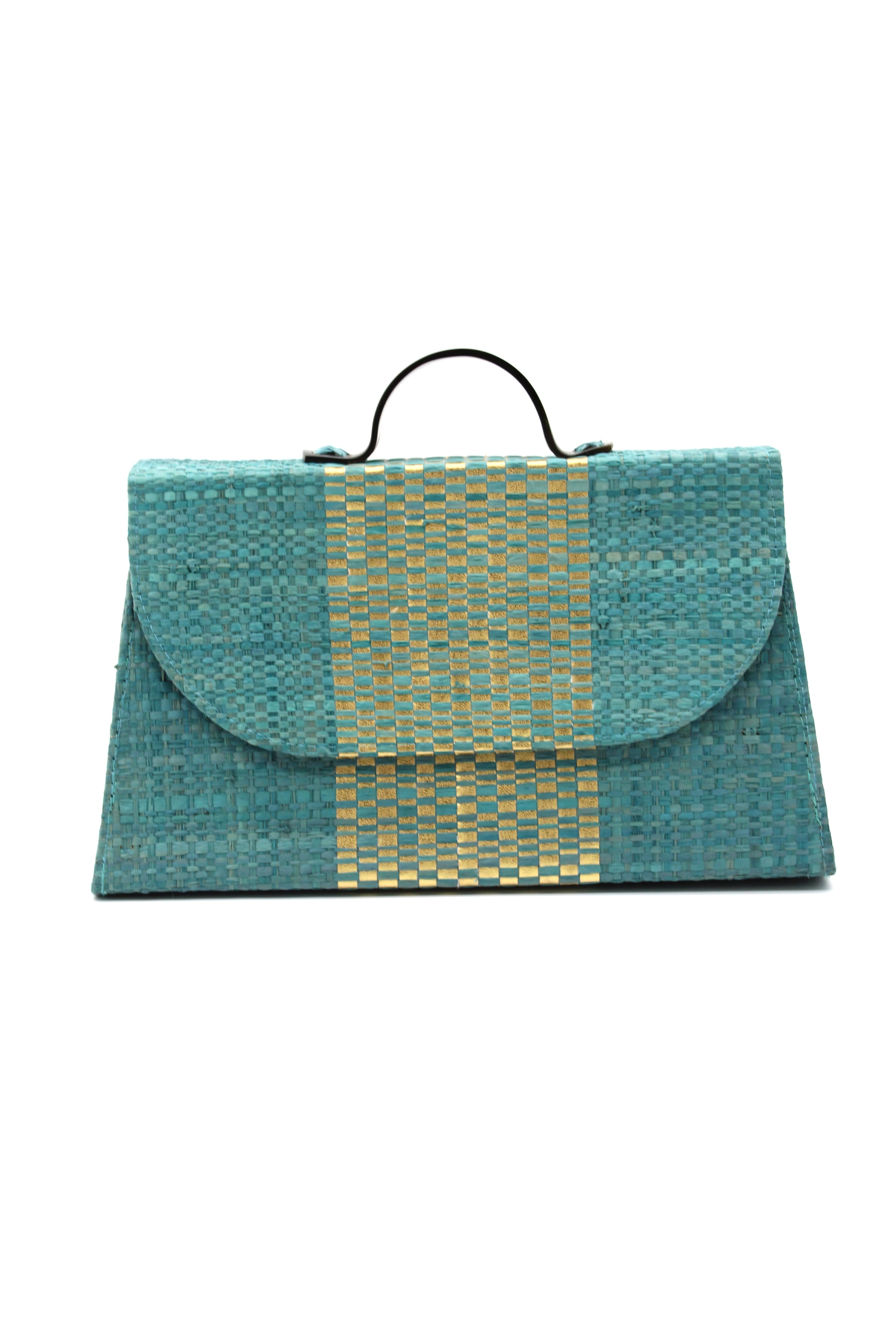 Wynwood Turquoise Straw Handbag with Metallic Detailing & Horn Handle handmade loomed raffia in turquoise blue and metallic vegan leather in three vertical bands of color with the metallic weave centered on the purse under the handles - Shebobo