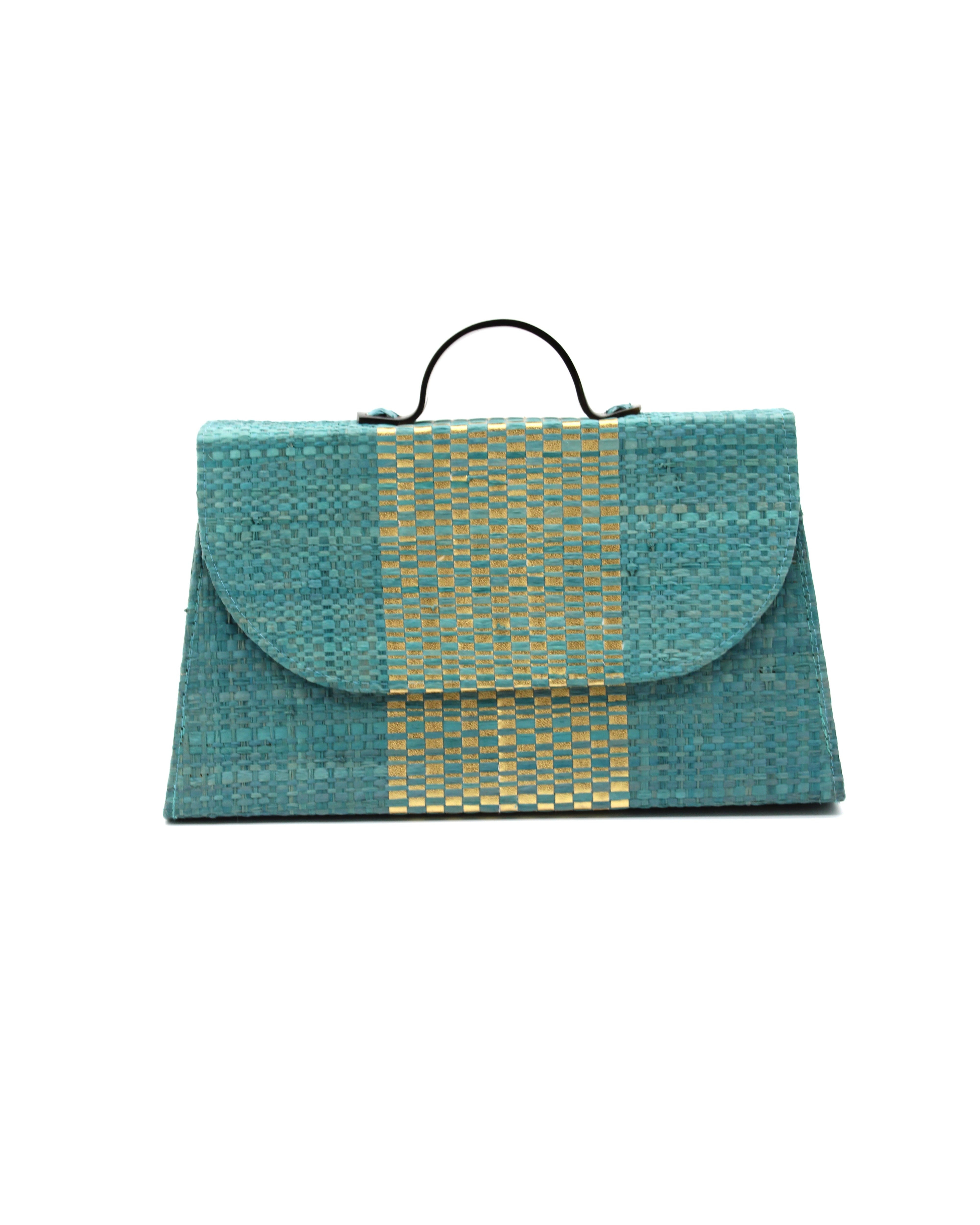 Wynwood Turquoise Straw Handbag with Metallic Detailing & Horn Handle handmade loomed raffia in turquoise blue and metallic vegan leather in three vertical bands of color with the metallic weave centered on the purse under the handles - Shebobo