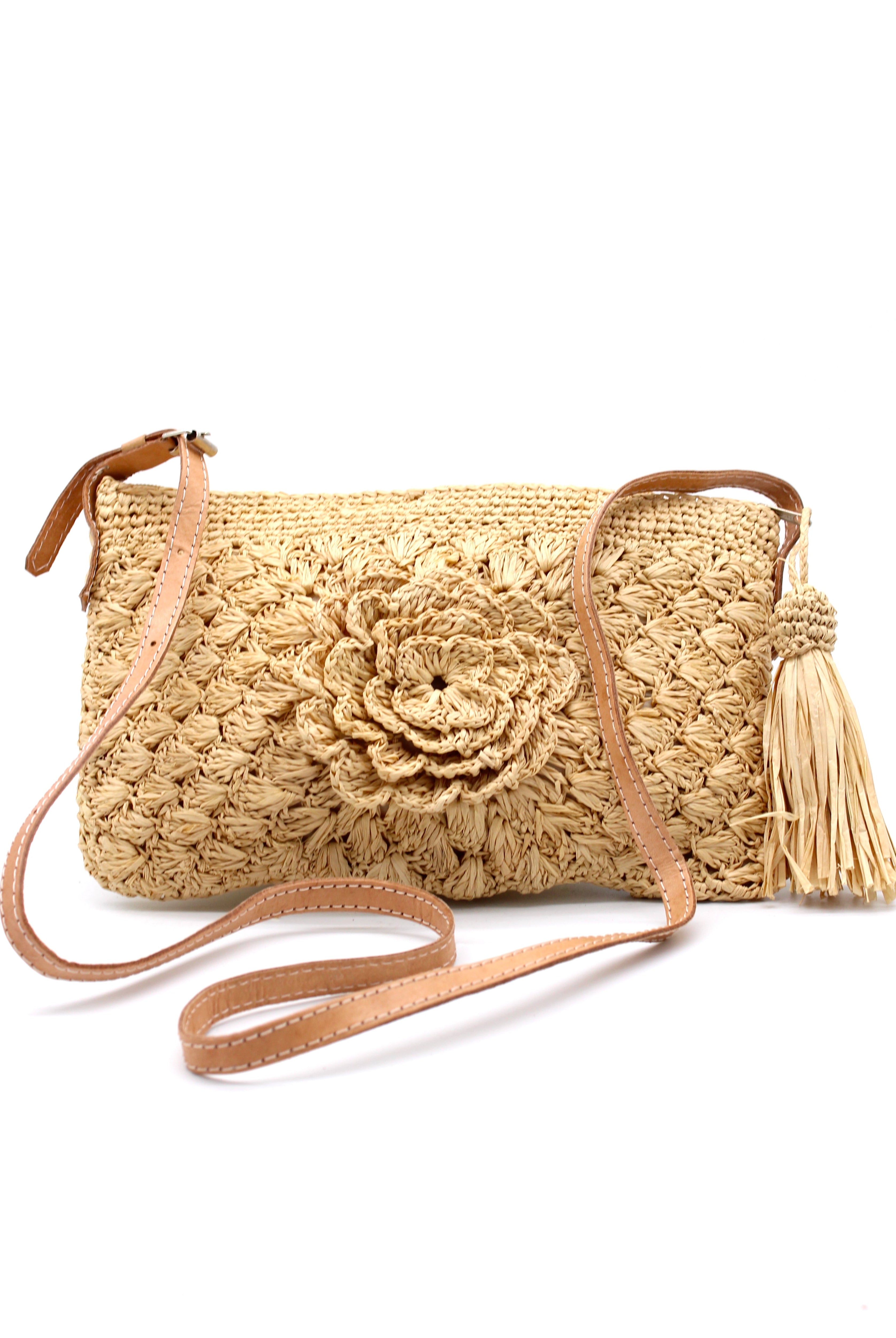 ZaZa Flower Hand Crochet Natural Raffia Palm Fiber Crossbody Bag with adjustable leather strap, zipper closure, and tassel zipper pull in natural straw color textured purse straw handbag - Shebobo