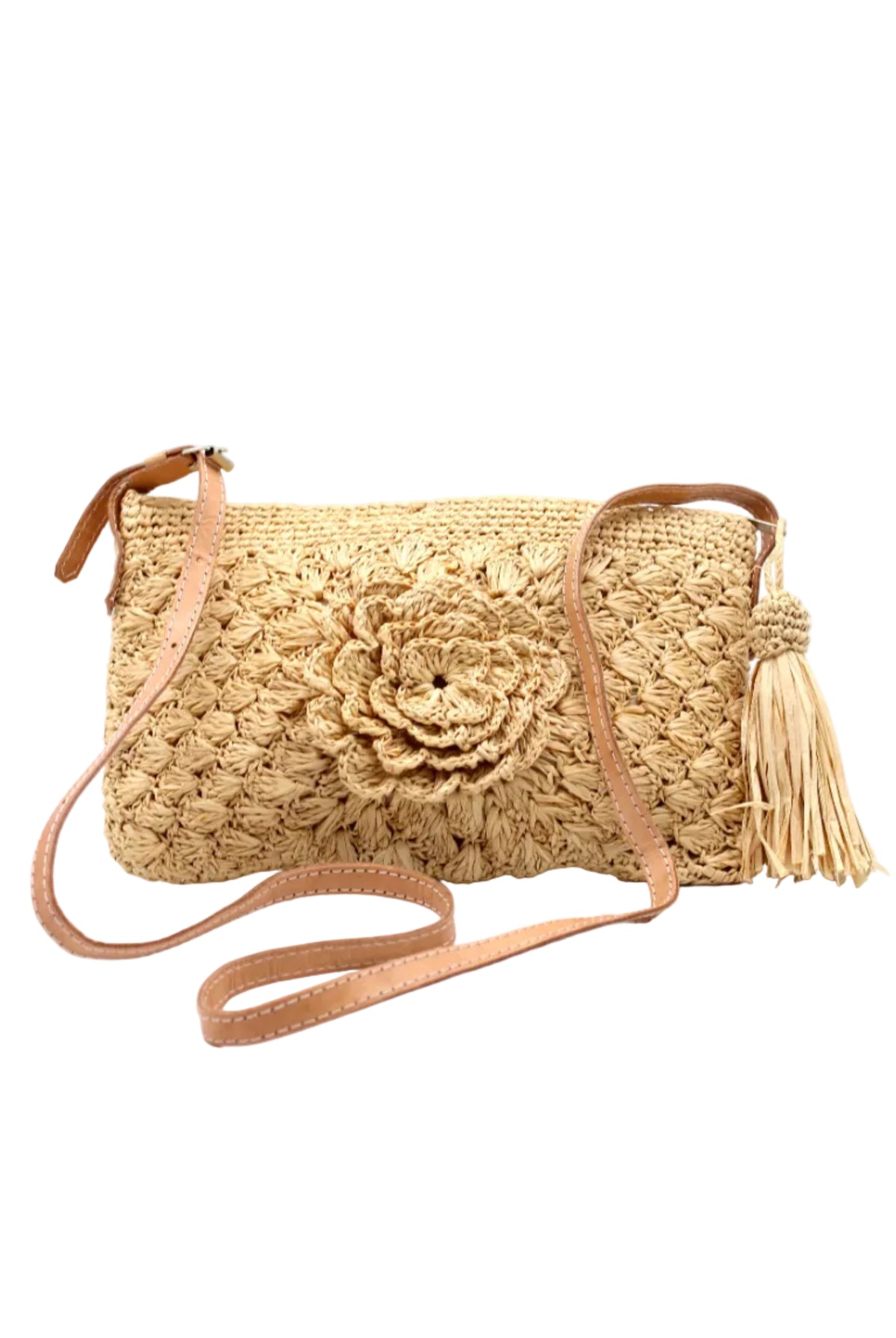 ZaZa Flower Hand Crochet Natural Raffia Palm Fiber Crossbody Bag with adjustable leather strap, zipper closure, and tassel zipper pull in natural straw color textured purse straw handbag - Shebobo