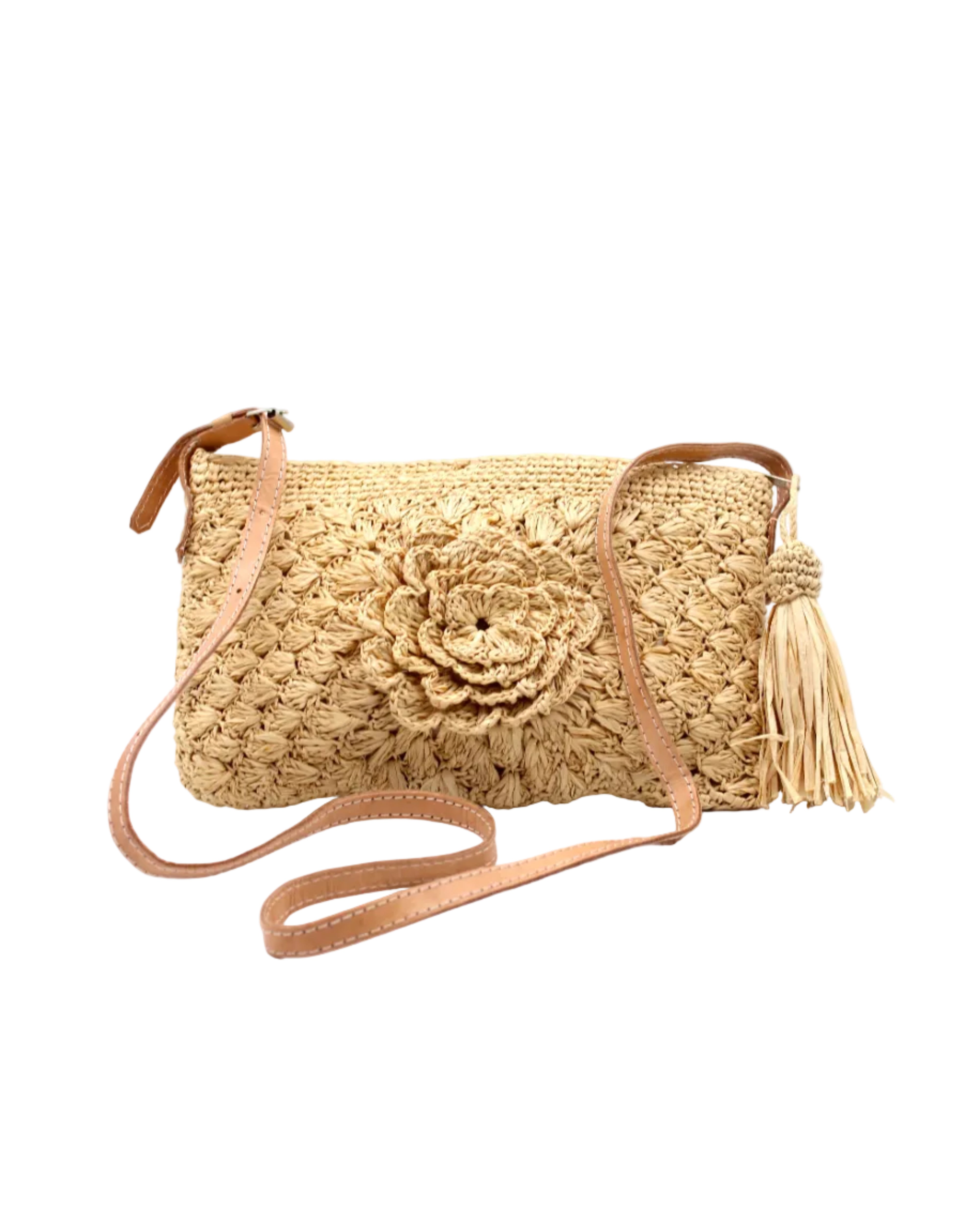 ZaZa Flower Hand Crochet Natural Raffia Palm Fiber Crossbody Bag with adjustable leather strap, zipper closure, and tassel zipper pull in natural straw color textured purse straw handbag - Shebobo