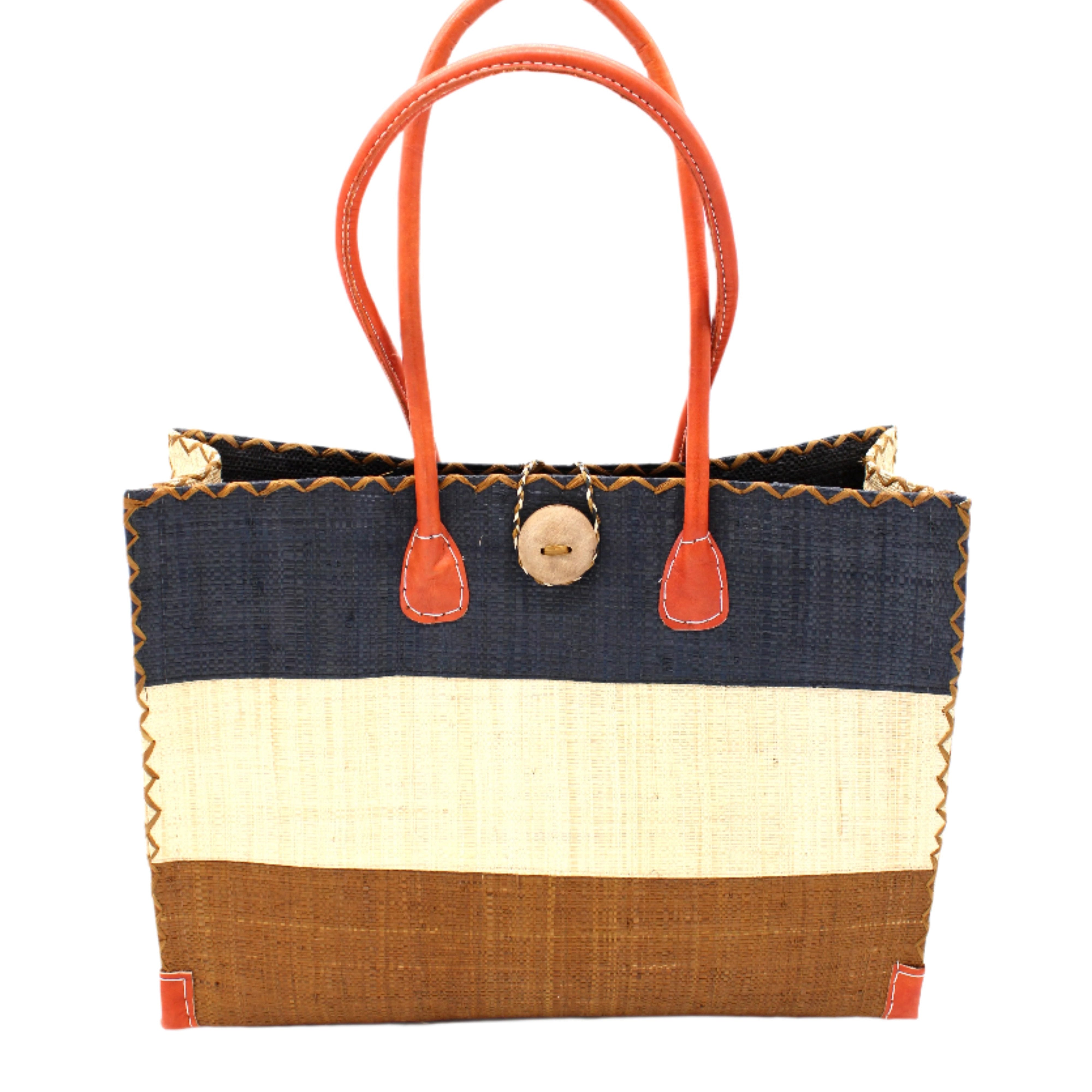 Zafran 3 Tone Color Block Beach Straw Bag with Plastic Liner handmade loomed raffia palm fiber in three equally sized horizontal bands of black, natural straw color, and cinnamon/tobacco/dark brown with wood button and leather handles - Shebobo