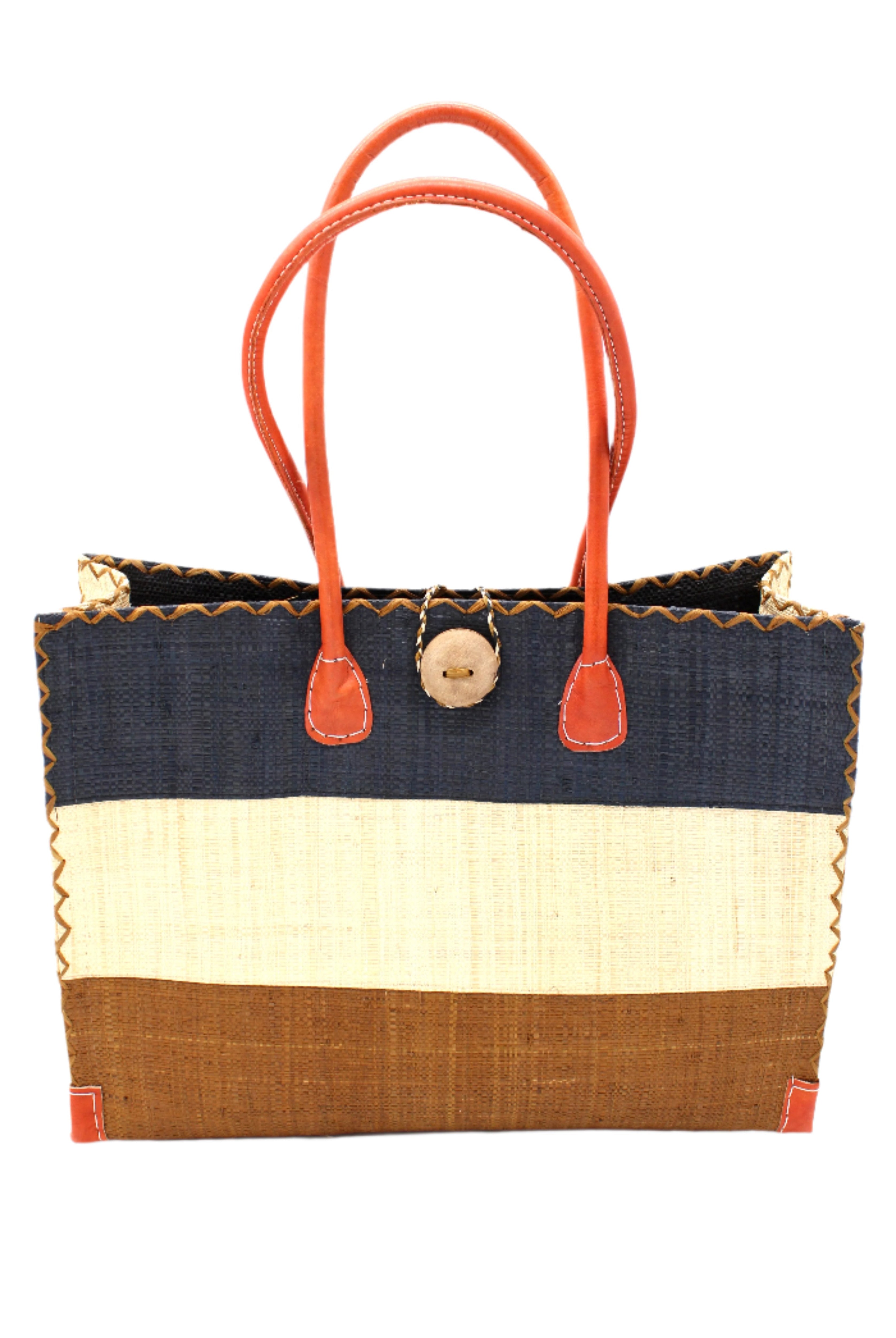 Zafran 3 Tone Color Block Beach Straw Bag with Plastic Liner handmade loomed raffia palm fiber in three equally sized horizontal bands of black, natural straw color, and cinnamon/tobacco/dark brown with wood button and leather handles - Shebobo