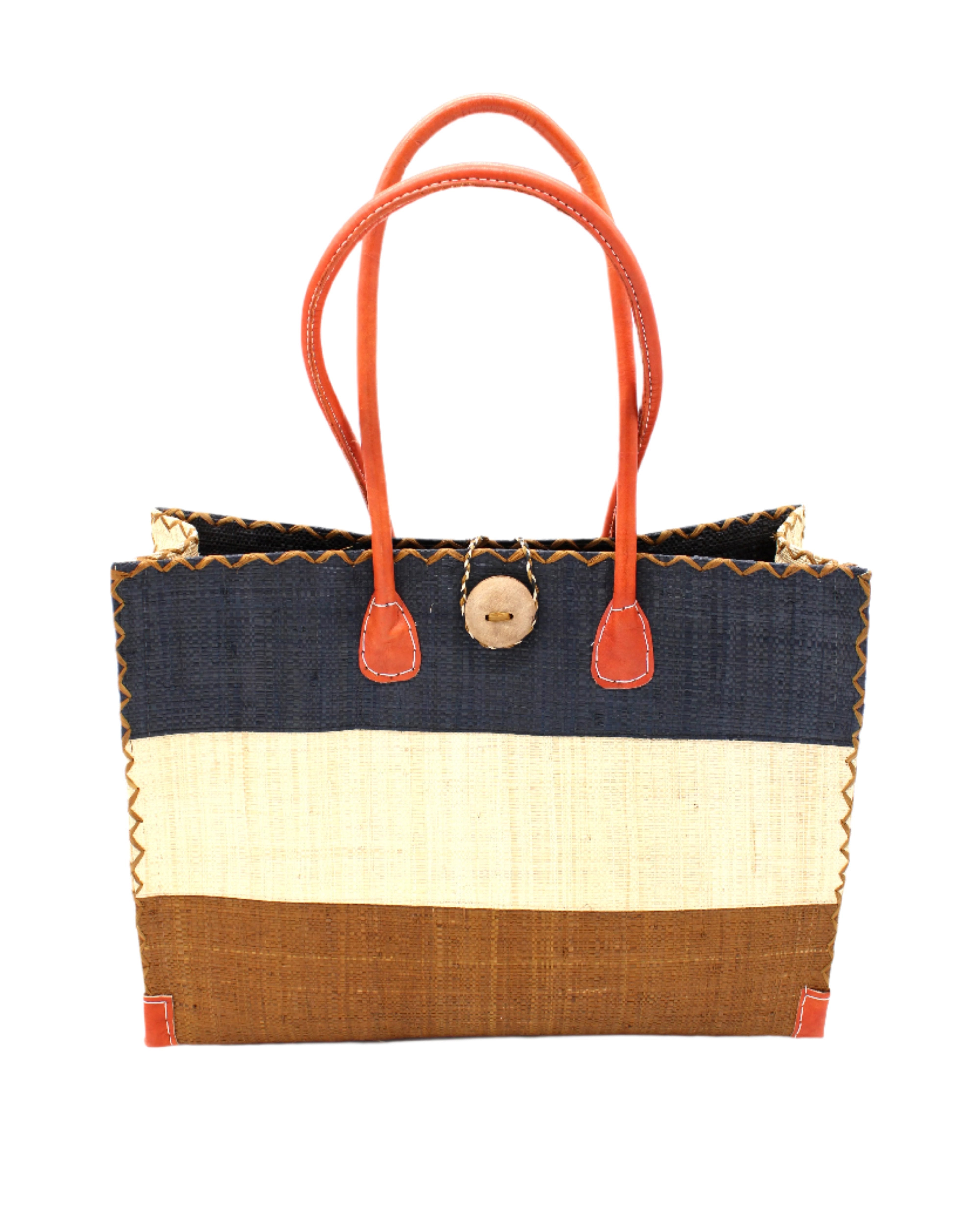 Zafran 3 Tone Color Block Beach Straw Bag with Plastic Liner handmade loomed raffia palm fiber in three equally sized horizontal bands of black, natural straw color, and cinnamon/tobacco/dark brown with wood button and leather handles - Shebobo