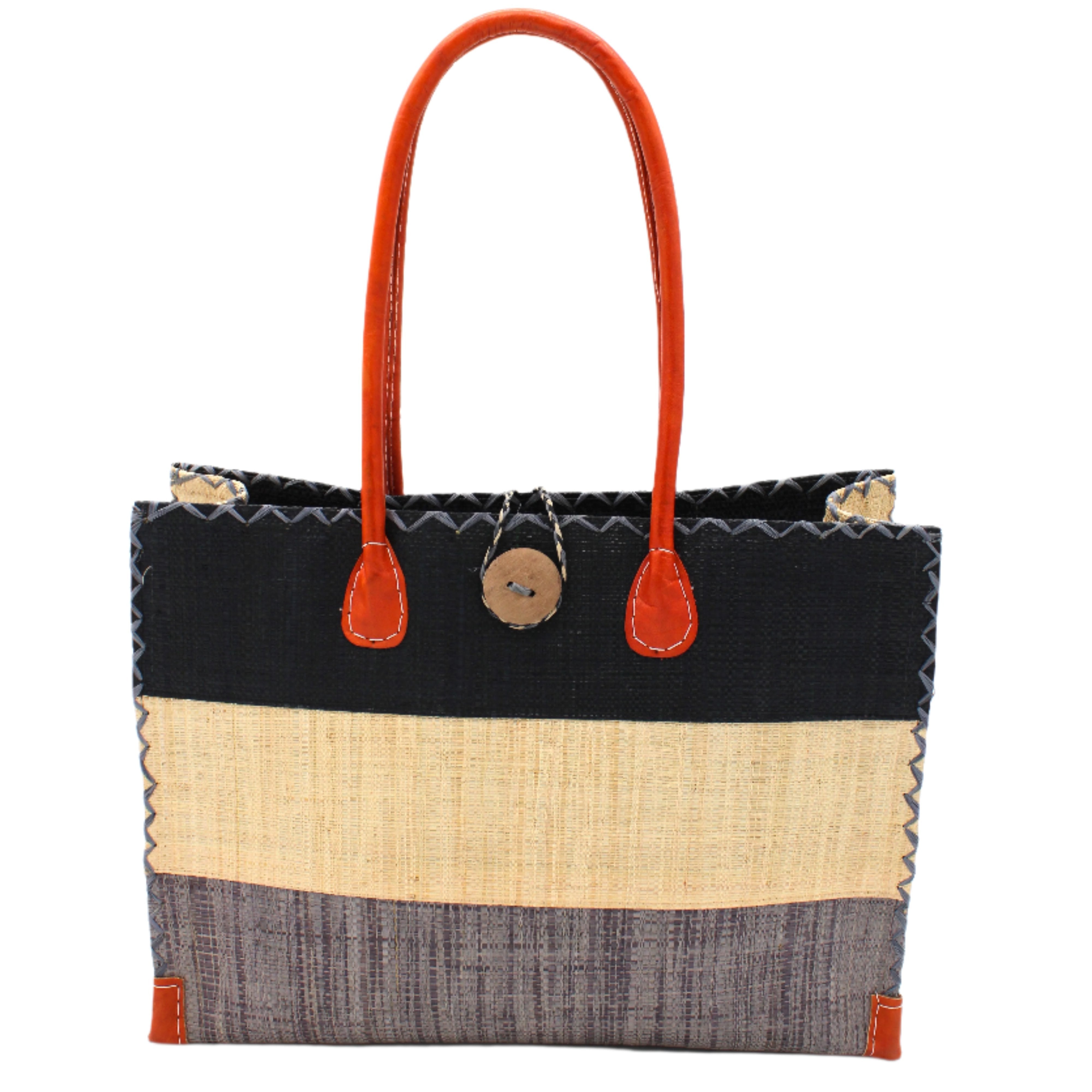 Zafran 3 Tone Color Block Beach Straw Bag with Plastic Liner handmade loomed raffia palm fiber in three equally sized horizontal bands of black, natural straw color, and grey with wood button and leather handles - Shebobo