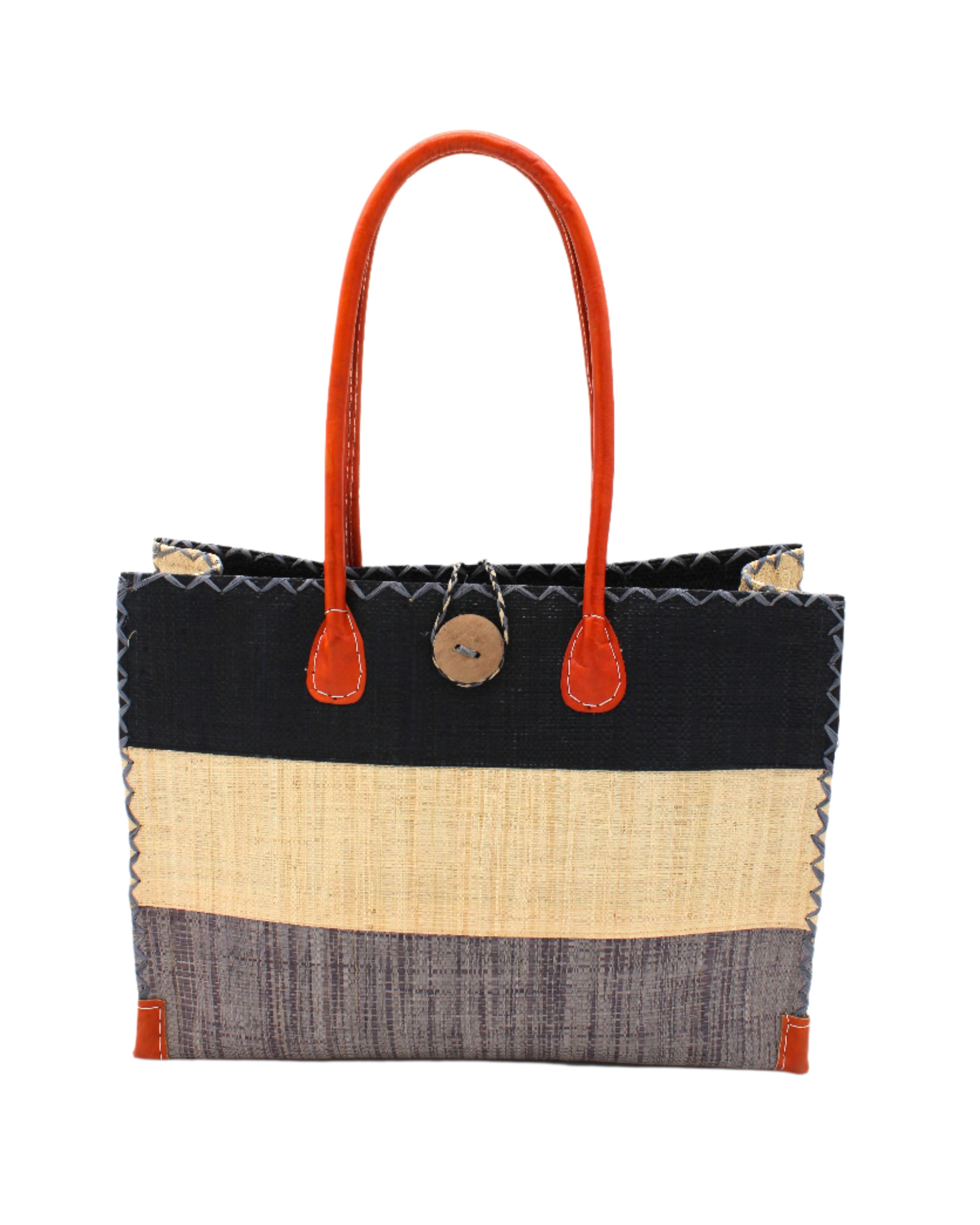 Zafran 3 Tone Color Block Beach Straw Bag with Plastic Liner handmade loomed raffia palm fiber in three equally sized horizontal bands of black, natural straw color, and grey with wood button and leather handles - Shebobo