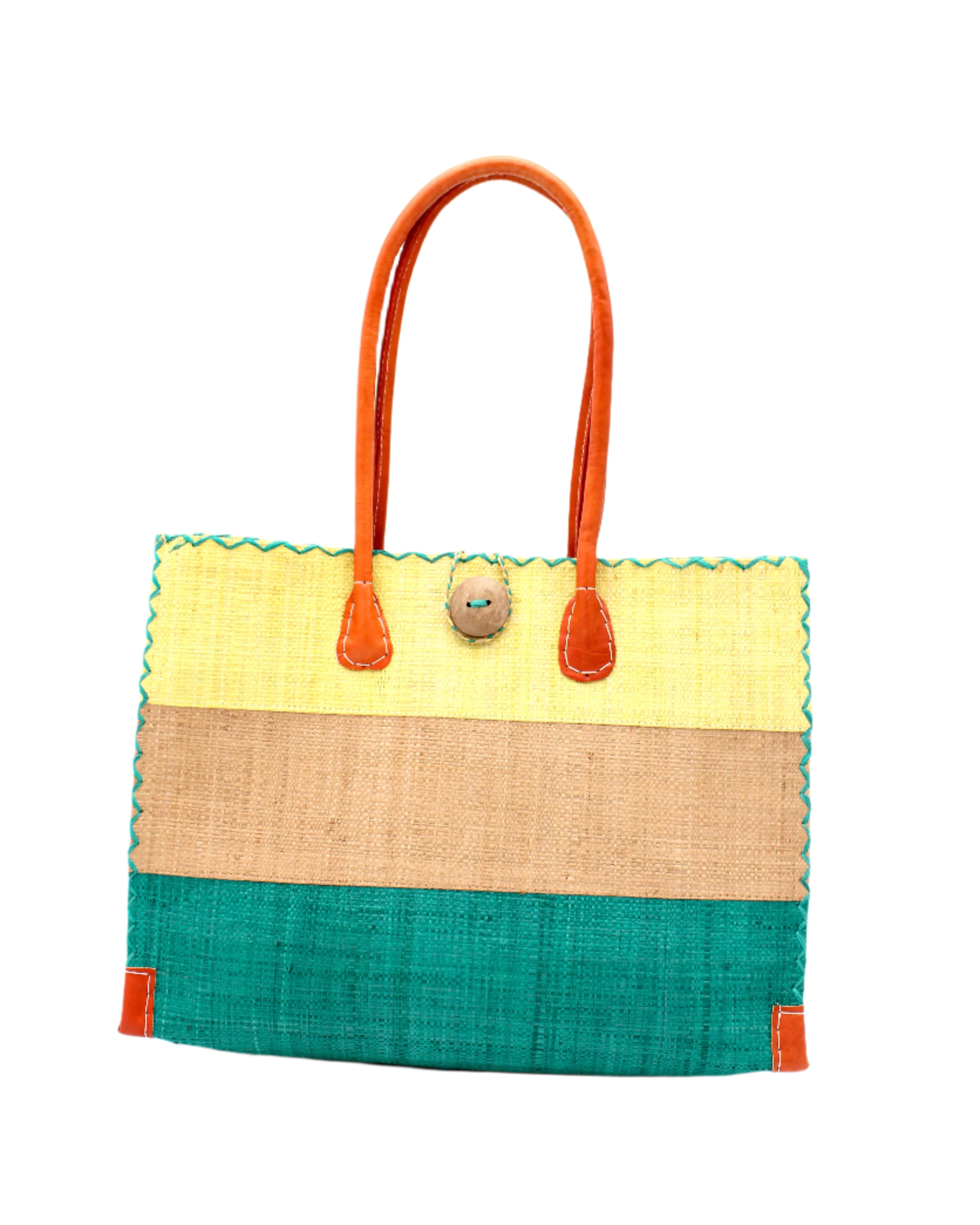 Zafran 3 Tone Color Block Beach Straw Bag with Plastic Liner handmade loomed raffia palm fiber in three equally sized horizontal bands of butter light yellow, cappuccino light brown, and teal blue green with wood button and leather handles - Shebobo