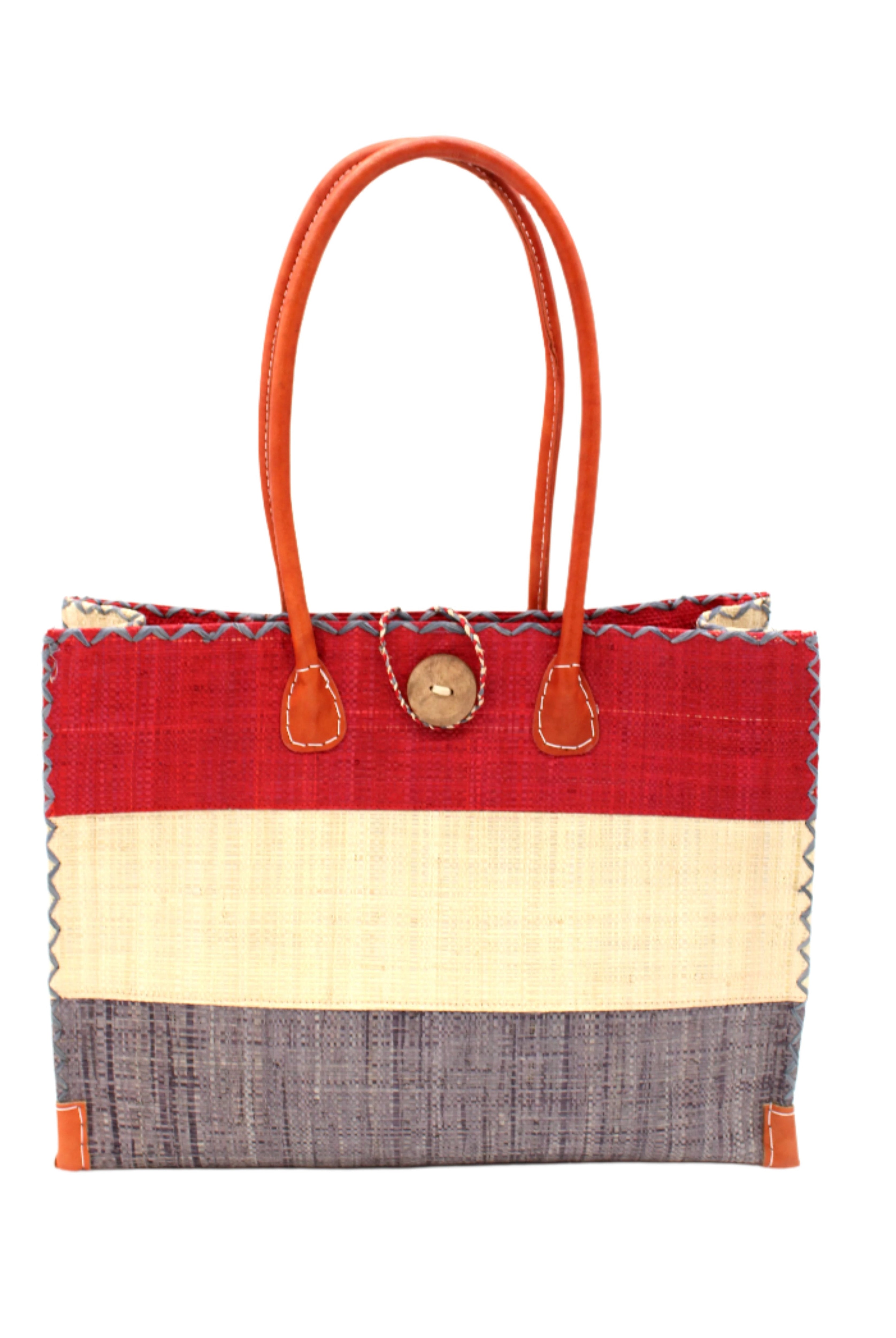 Zafran 3 Tone Color Block Beach Straw Bag with Plastic Liner handmade loomed raffia palm fiber in three equally sized horizontal bands of red, natural straw color, and grey with wood button and leather handles - Shebobo