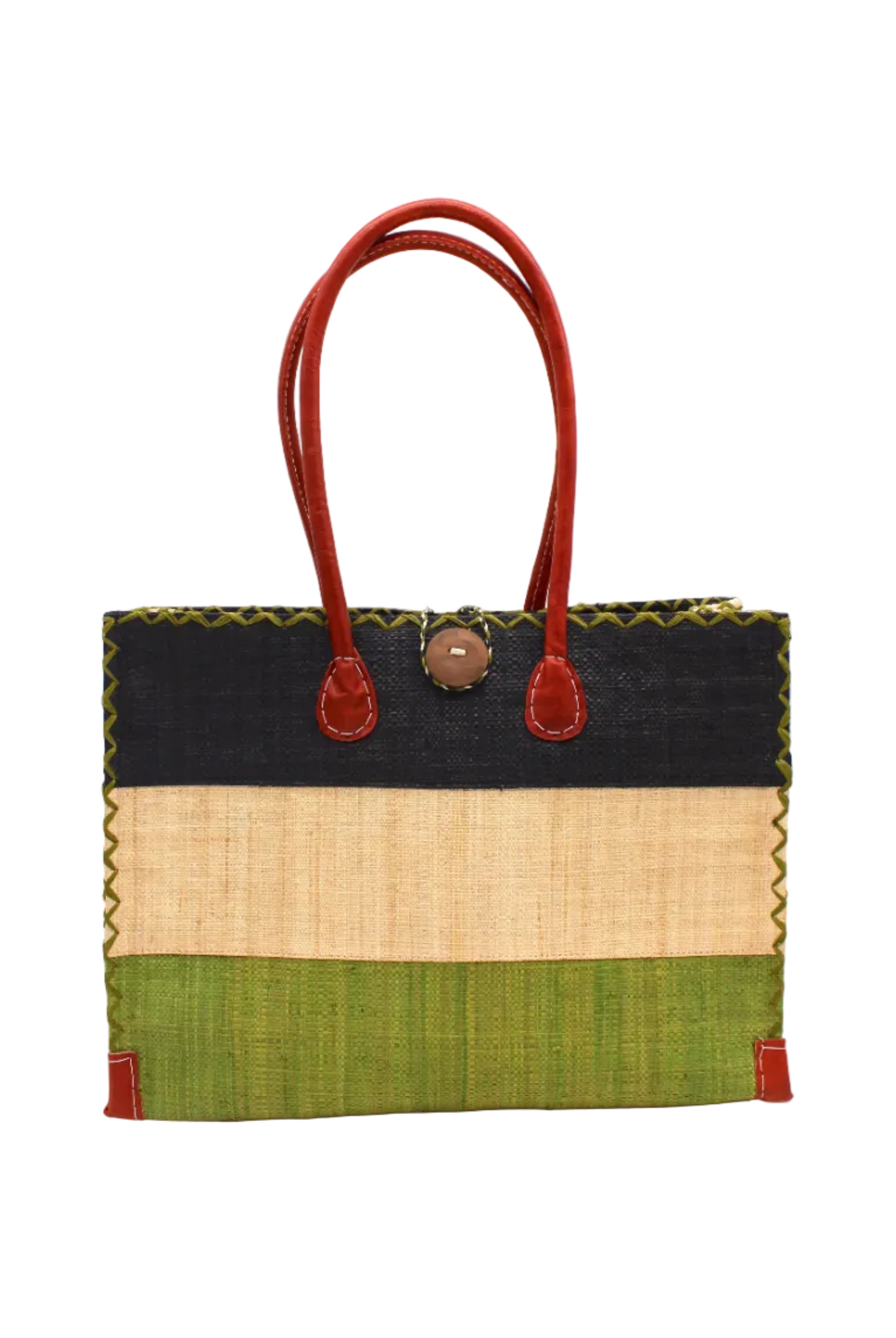 Zafran 3 Tone Color Block Beach Straw Bag with Plastic Liner handmade loomed raffia palm fiber in three equally sized horizontal bands of black, natural straw color, and martini olive/dark/green with wood button and leather handles - Shebobo