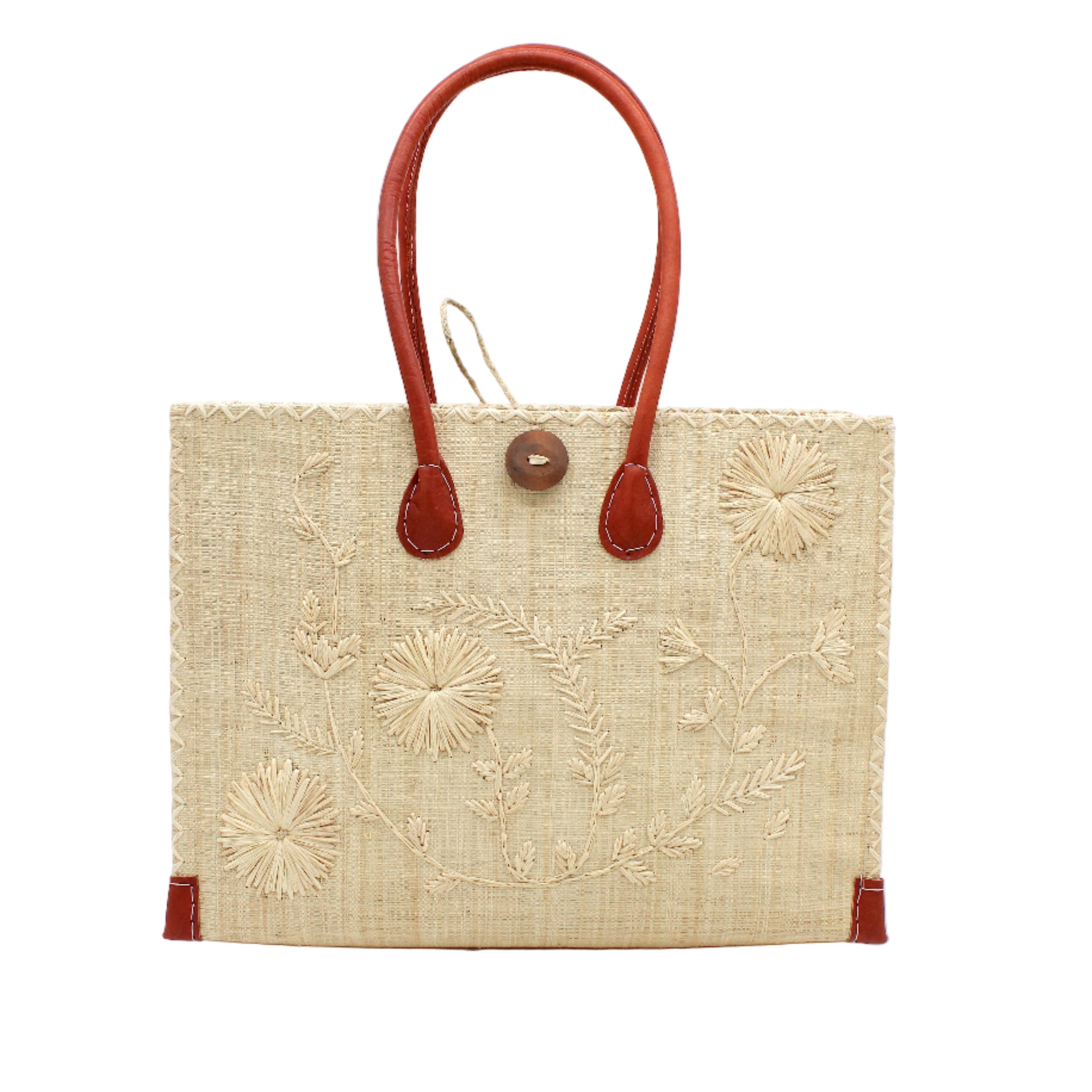 Zafran Natural Embroidered Straw Beach Bag with Floral Pattern handmade natural raffia palm fiber in a solid hue of natural straw color with asymmetrical floral leaf, vine, and flower pattern in Natural with matching cross-stitch edging, leather handles, and wooden button closure shoulder bag handbag tote - Shebobo