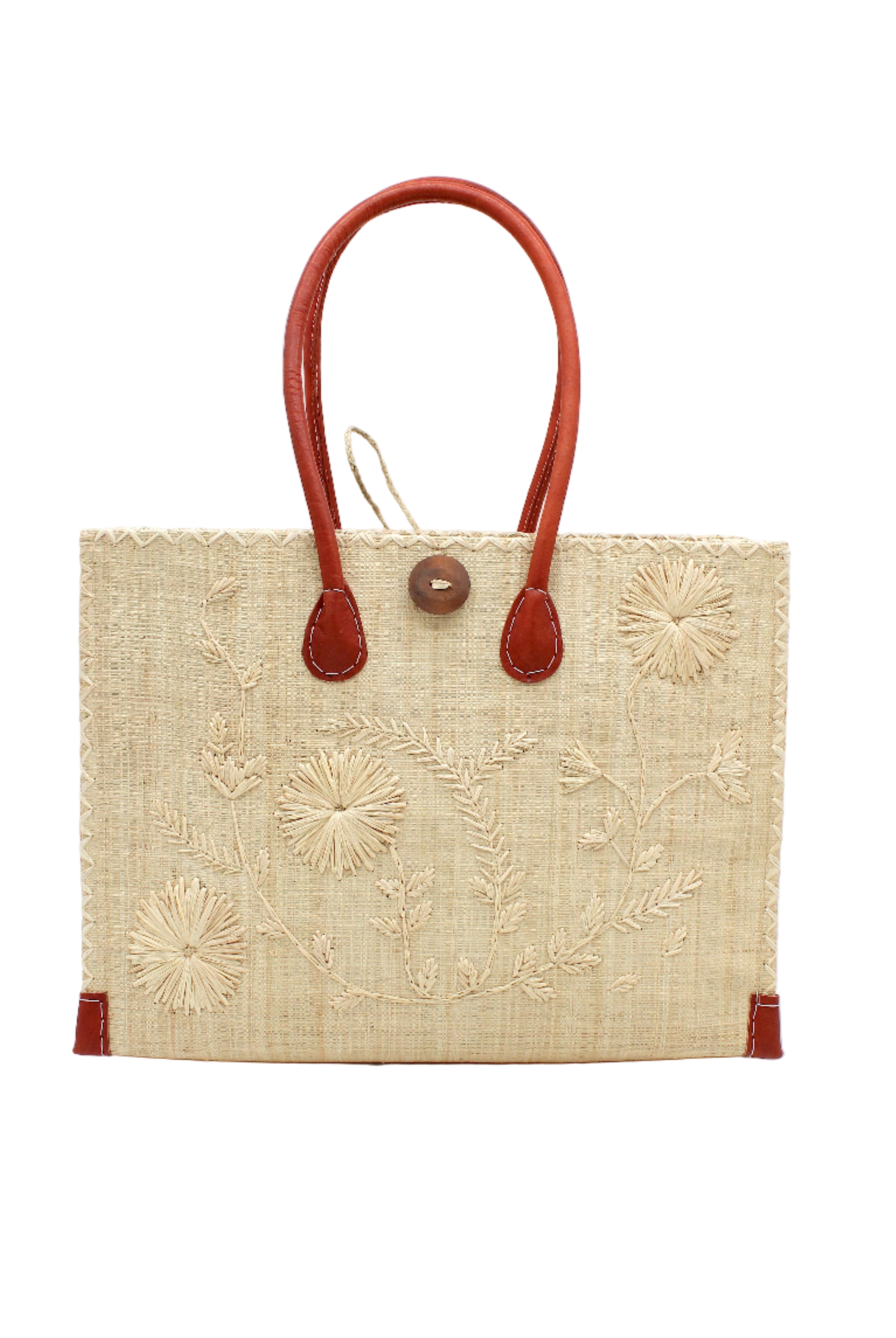 Zafran Natural Embroidered Straw Beach Bag with Floral Pattern handmade natural raffia palm fiber in a solid hue of natural straw color with asymmetrical floral leaf, vine, and flower pattern in Natural with matching cross-stitch edging, leather handles, and wooden button closure shoulder bag handbag tote - Shebobo