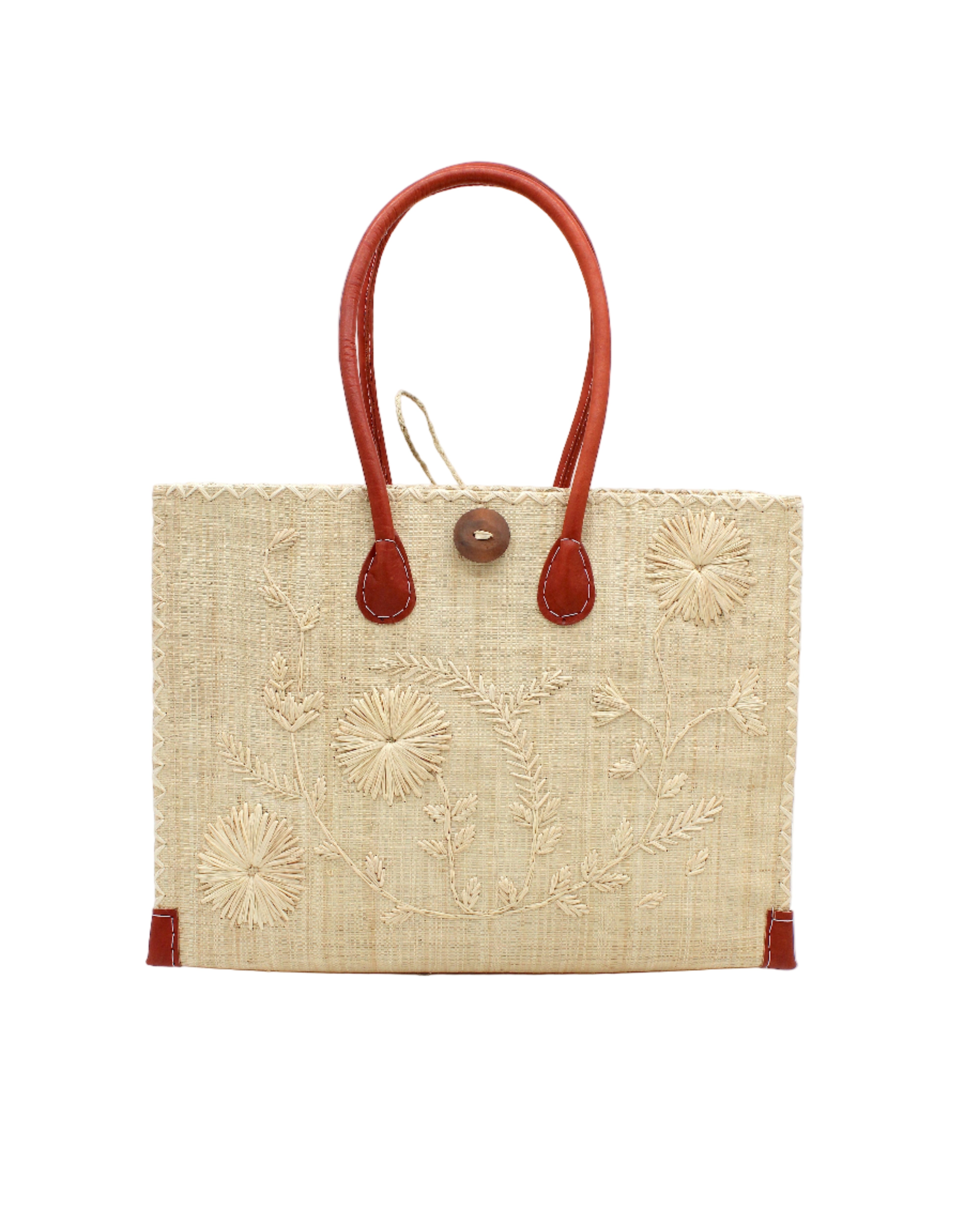 Zafran Natural Embroidered Straw Beach Bag with Floral Pattern handmade natural raffia palm fiber in a solid hue of natural straw color with asymmetrical floral leaf, vine, and flower pattern in Natural with matching cross-stitch edging, leather handles, and wooden button closure shoulder bag handbag tote - Shebobo