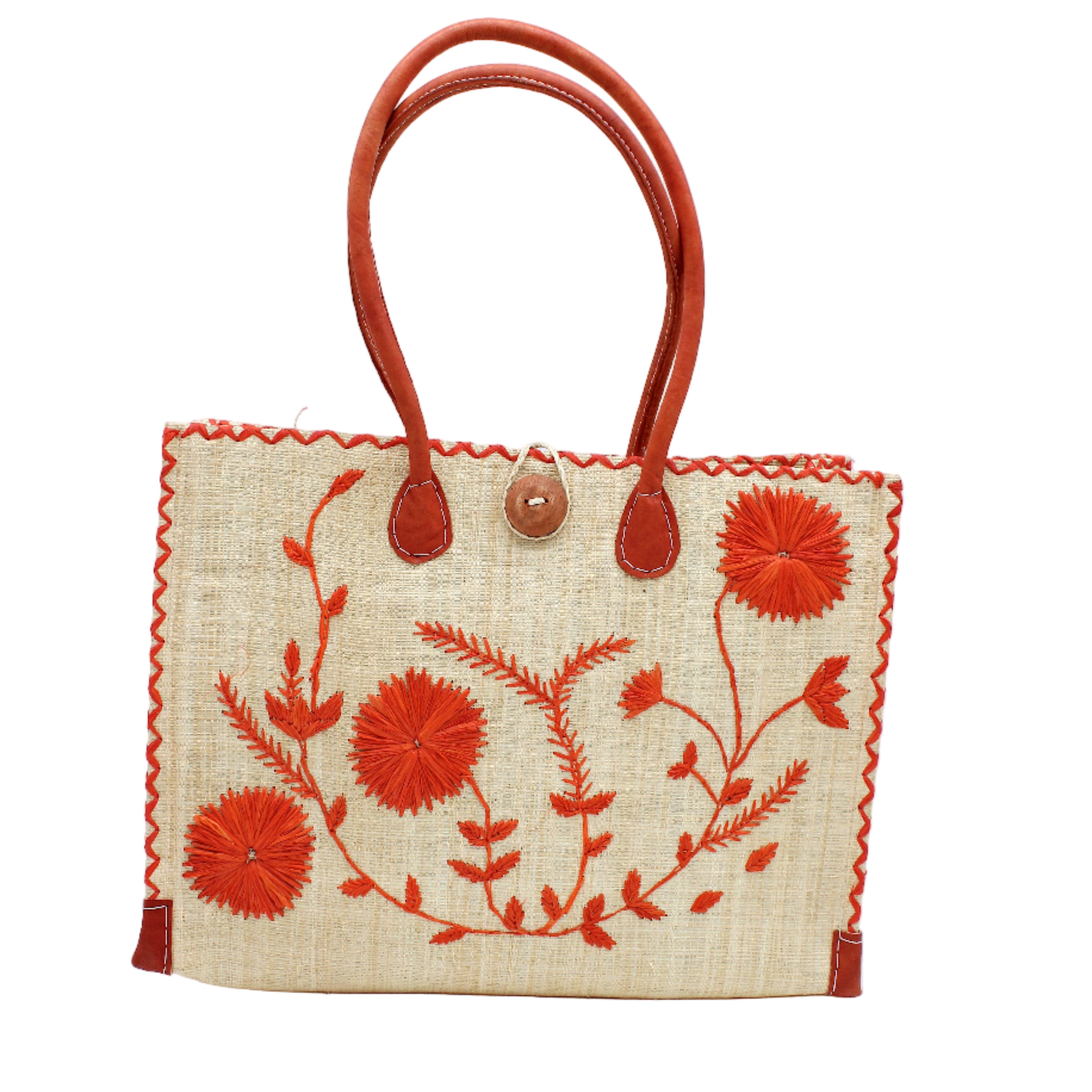 Zafran Natural & Coral Embroidered Straw Beach Bag with Floral Pattern handmade natural raffia palm fiber in a solid hue of natural straw color with asymmetrical floral leaf, vine, and flower pattern in coral orange/red with matching cross-stitch edging, leather handles, and wooden button closure shoulder bag handbag tote - Shebobo