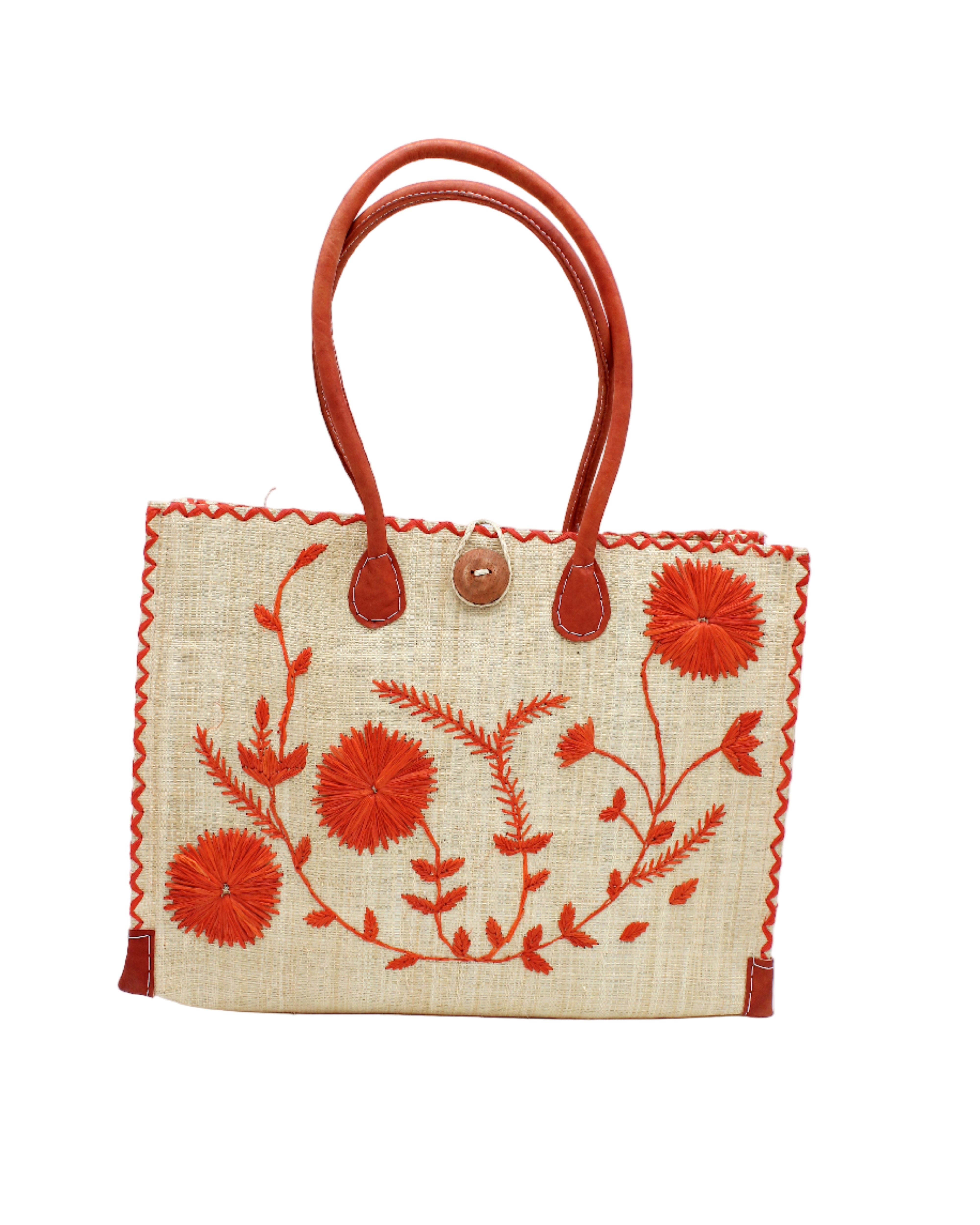 Zafran Natural & Coral Embroidered Straw Beach Bag with Floral Pattern handmade natural raffia palm fiber in a solid hue of natural straw color with asymmetrical floral leaf, vine, and flower pattern in coral orange/red with matching cross-stitch edging, leather handles, and wooden button closure shoulder bag handbag tote - Shebobo