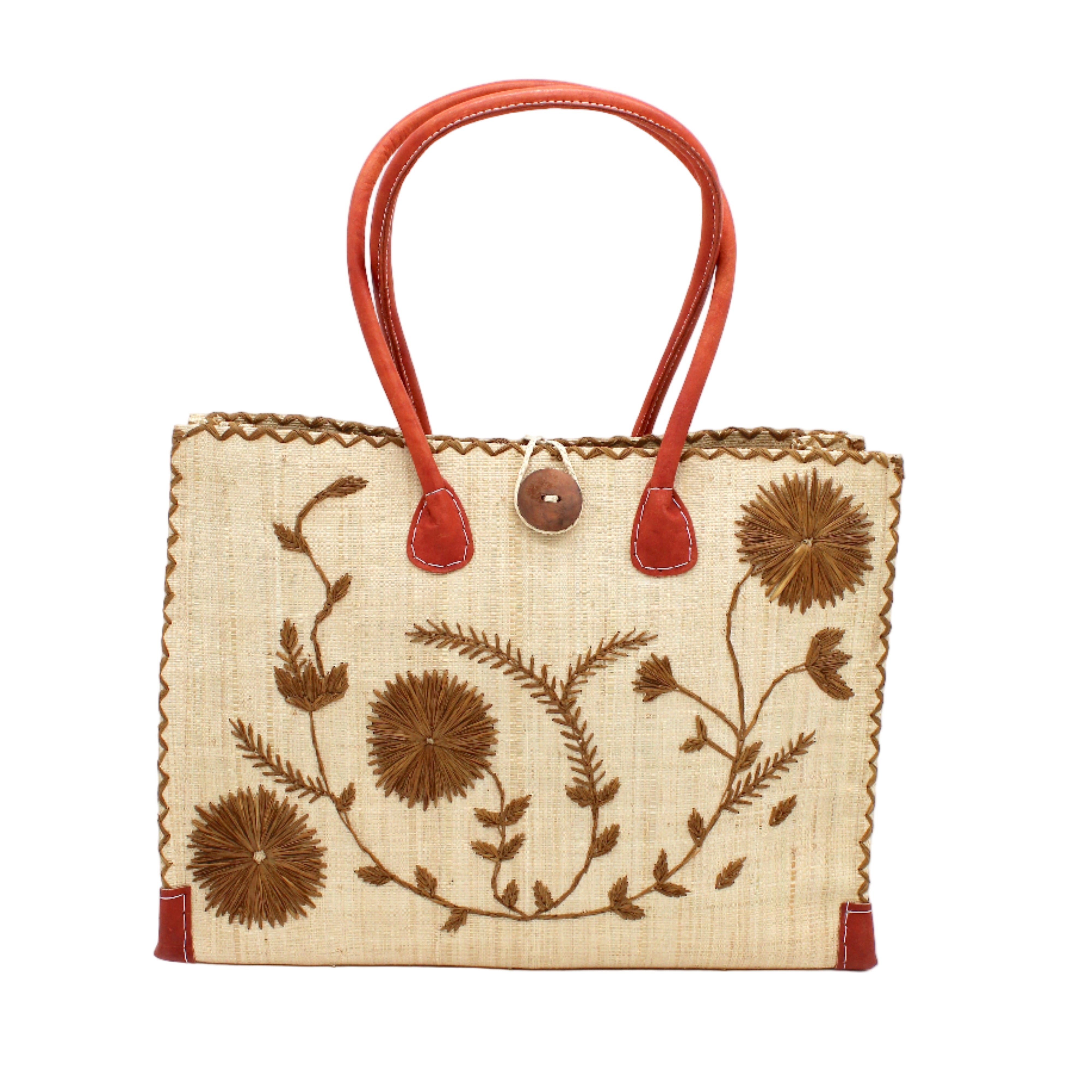 Zafran Natural & Cinnamon Embroidered Straw Beach Bag with Floral Pattern handmade natural raffia palm fiber in a solid hue of natural straw color with asymmetrical floral leaf, vine, and flower pattern in cinnamon tobacco/dark/brown with matching cross-stitch edging, leather handles, and wooden button closure shoulder bag handbag tote - Shebobo