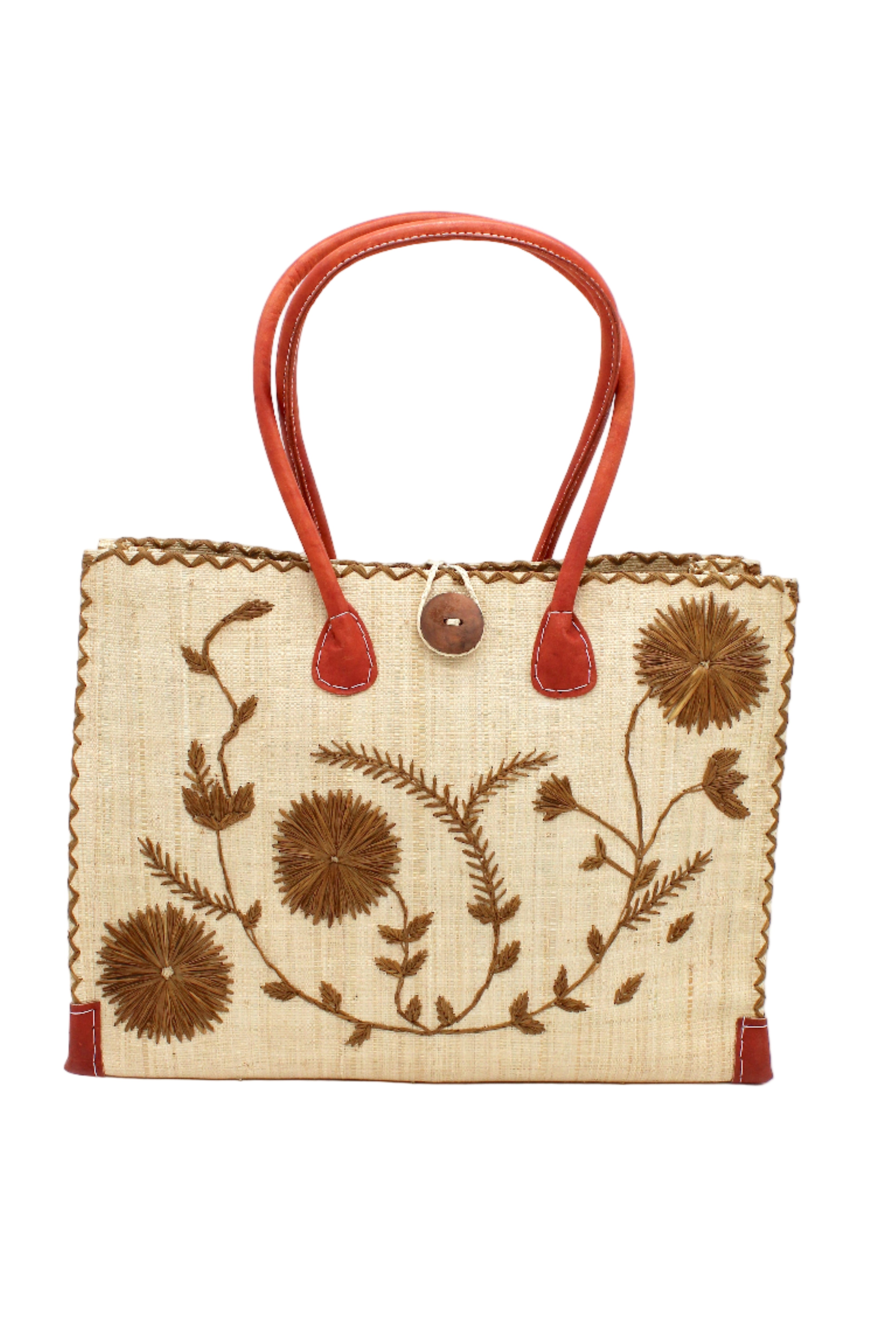 Zafran Natural & Cinnamon Embroidered Straw Beach Bag with Floral Pattern handmade natural raffia palm fiber in a solid hue of natural straw color with asymmetrical floral leaf, vine, and flower pattern in cinnamon tobacco/dark/brown with matching cross-stitch edging, leather handles, and wooden button closure shoulder bag handbag tote - Shebobo