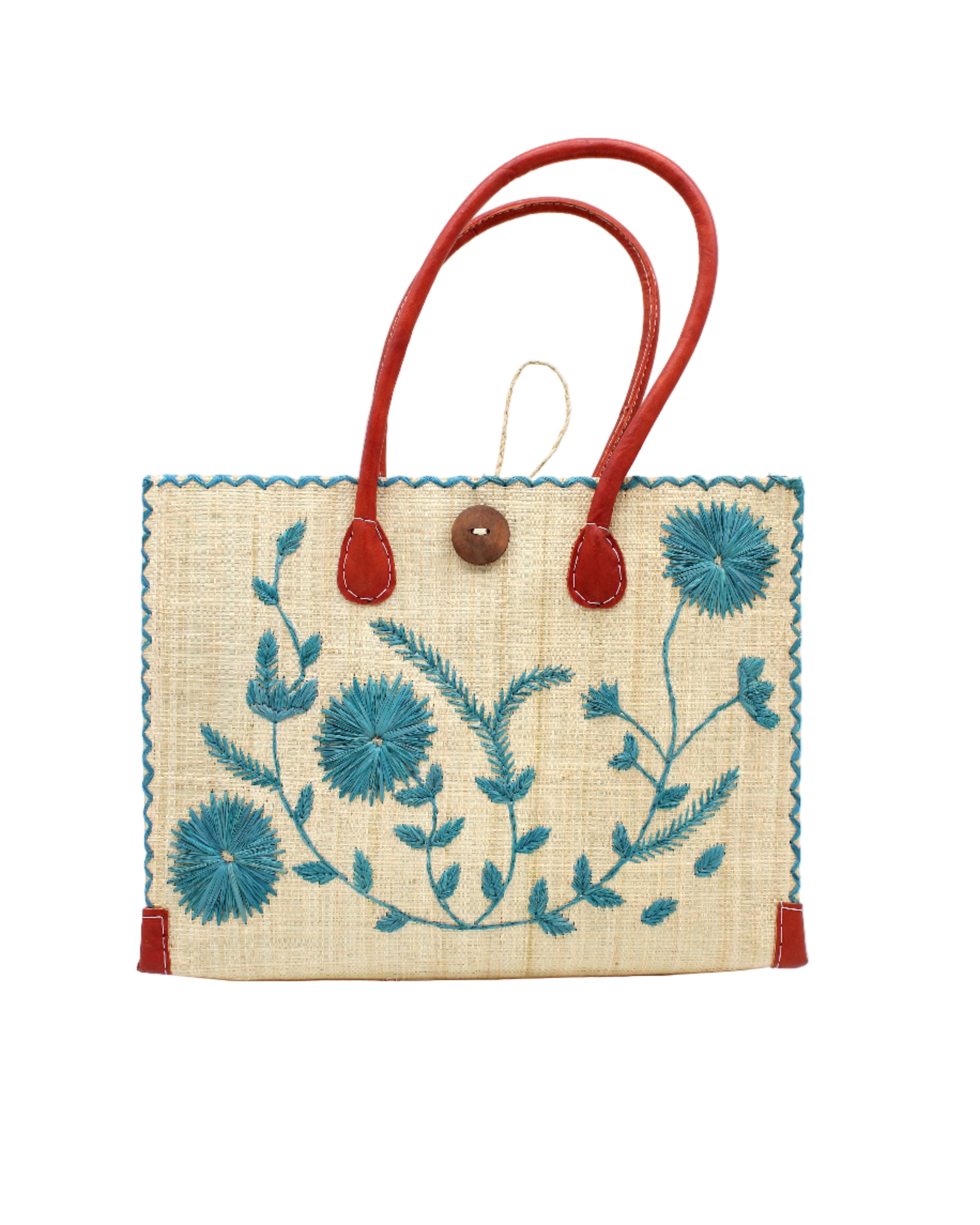 Zafran Natural & Turquoise Embroidered Straw Beach Bag with Floral Pattern handmade natural raffia palm fiber in a solid hue of natural straw color with asymmetrical floral leaf, vine, and flower pattern in turquoise blue/green with matching cross-stitch edging, leather handles, and wooden button closure shoulder bag handbag tote - Shebobo