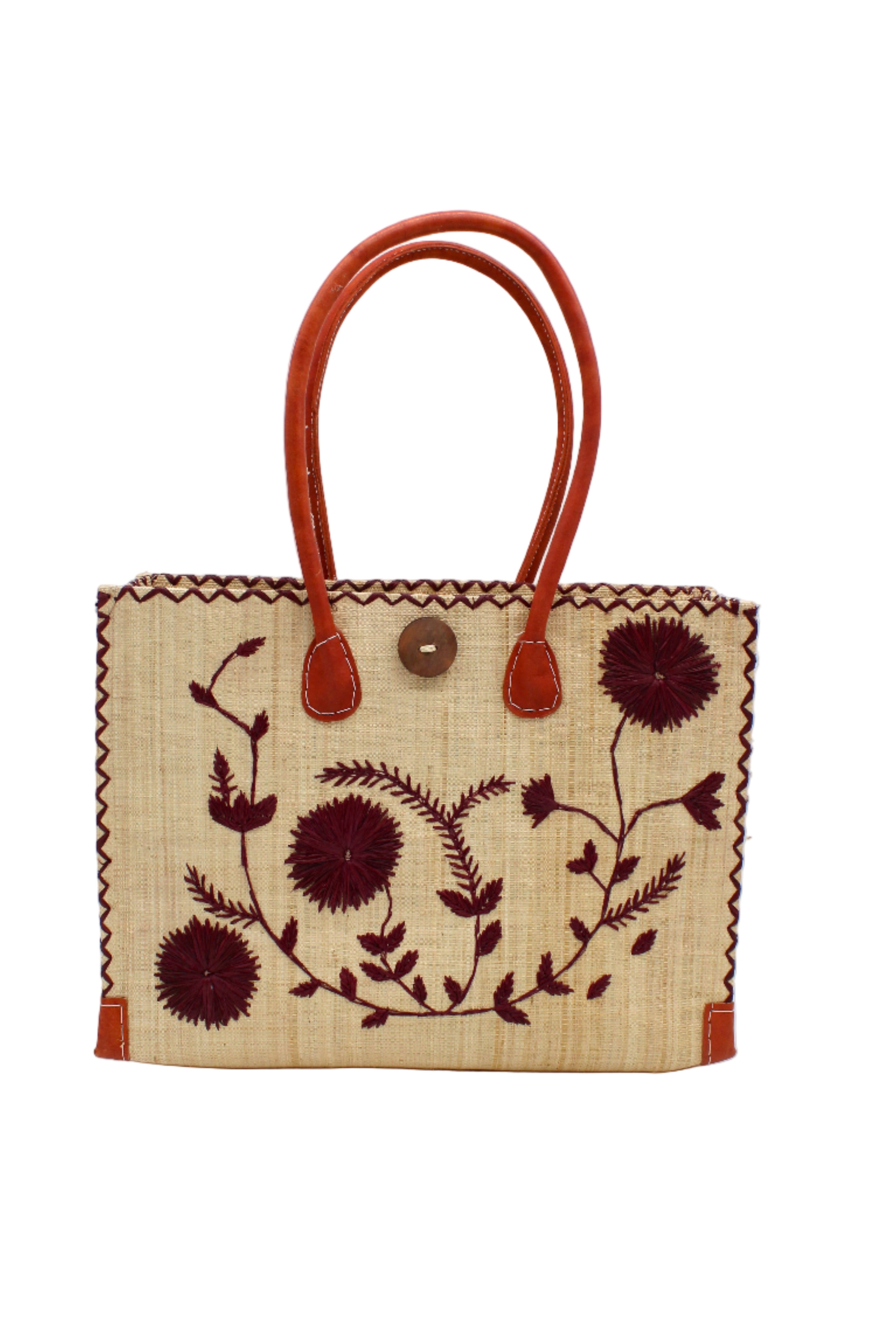 Zafran Natural & Black Embroidered Straw Beach Bag with Floral Pattern handmade natural raffia palm fiber in a solid hue of natural straw color with asymmetrical floral leaf, vine, and flower pattern in umberwine burgundy/bordeaux/claret/dark/red/purple with matching cross-stitch edging, leather handles, and wooden button closure shoulder bag handbag tote - Shebobo