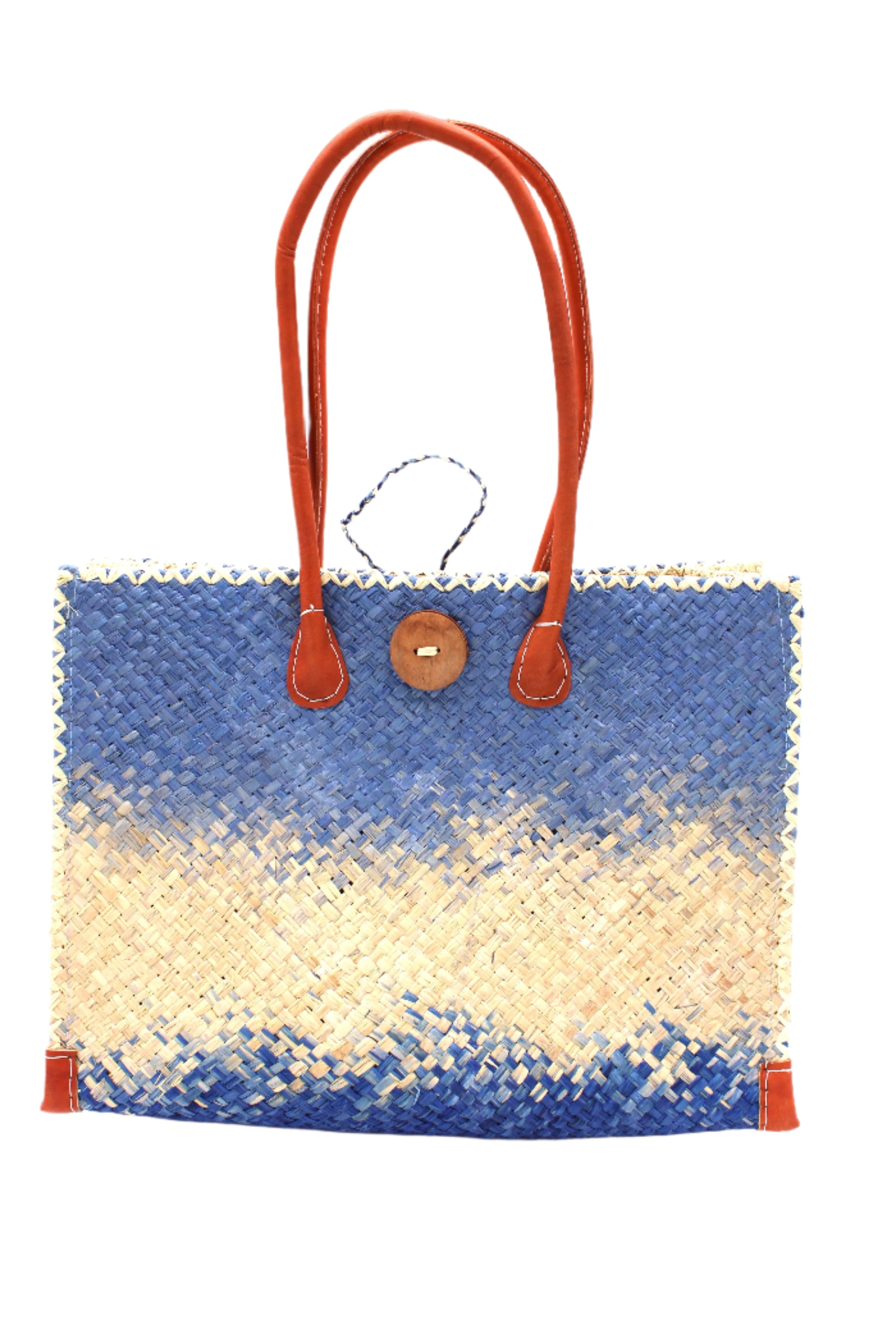Holden Denim Ombre Zafran Straw Beach Bags handmade dip dyed raffia woven into a three part horizontal ombre pattern of denim retro/light/blue, natural straw color, and dusk dark/navy/blue with cross stitch edging, wooden button, and leather handles - Shebobo