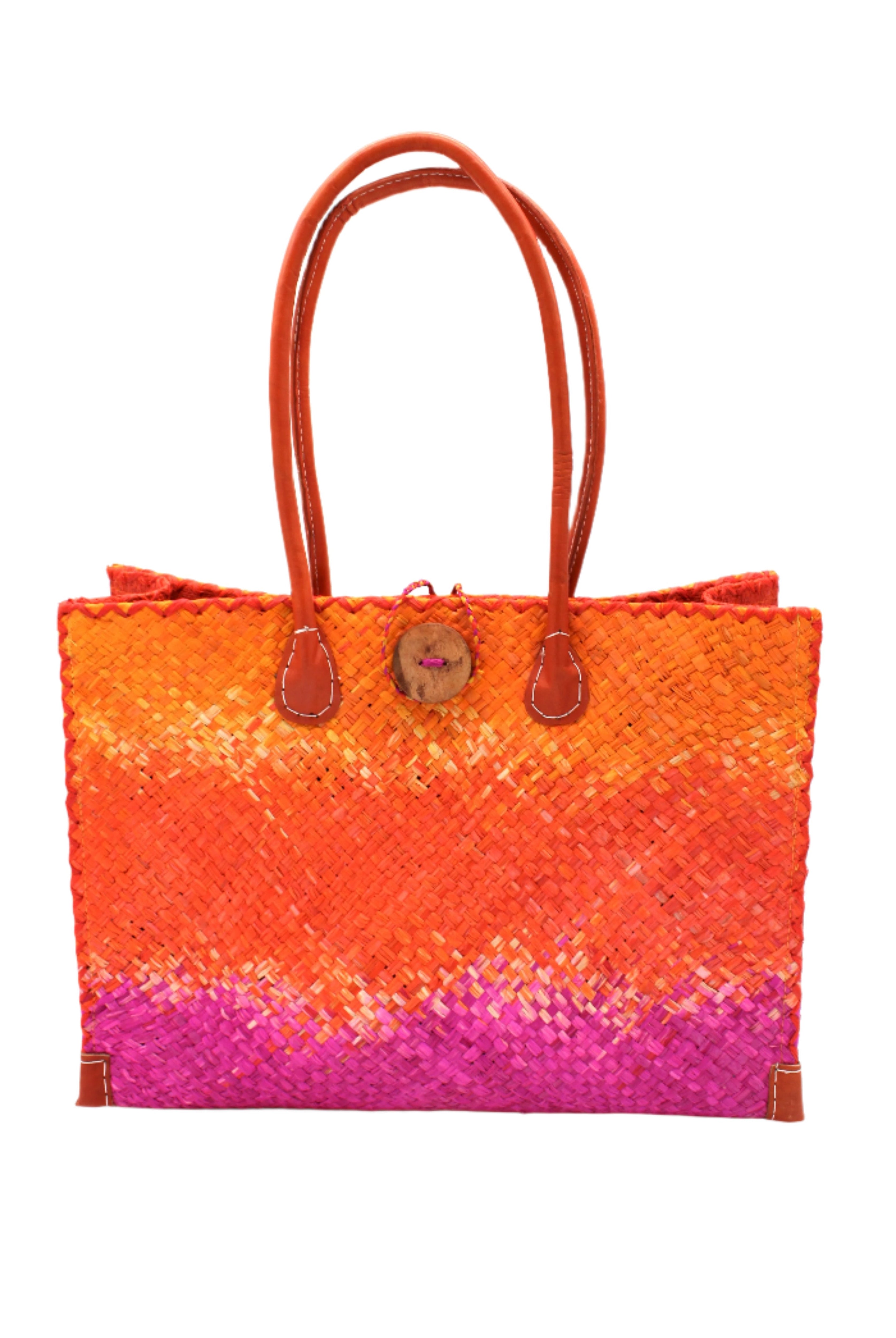 Holden Fuchsia Ombre Zafran Straw Beach Bags handmade dip dyed raffia woven into a three part horizontal ombre pattern of coral orange/red, fuchsia pink, and saffron yellow with cross stitch edging, wooden button, and leather handles - Shebobo