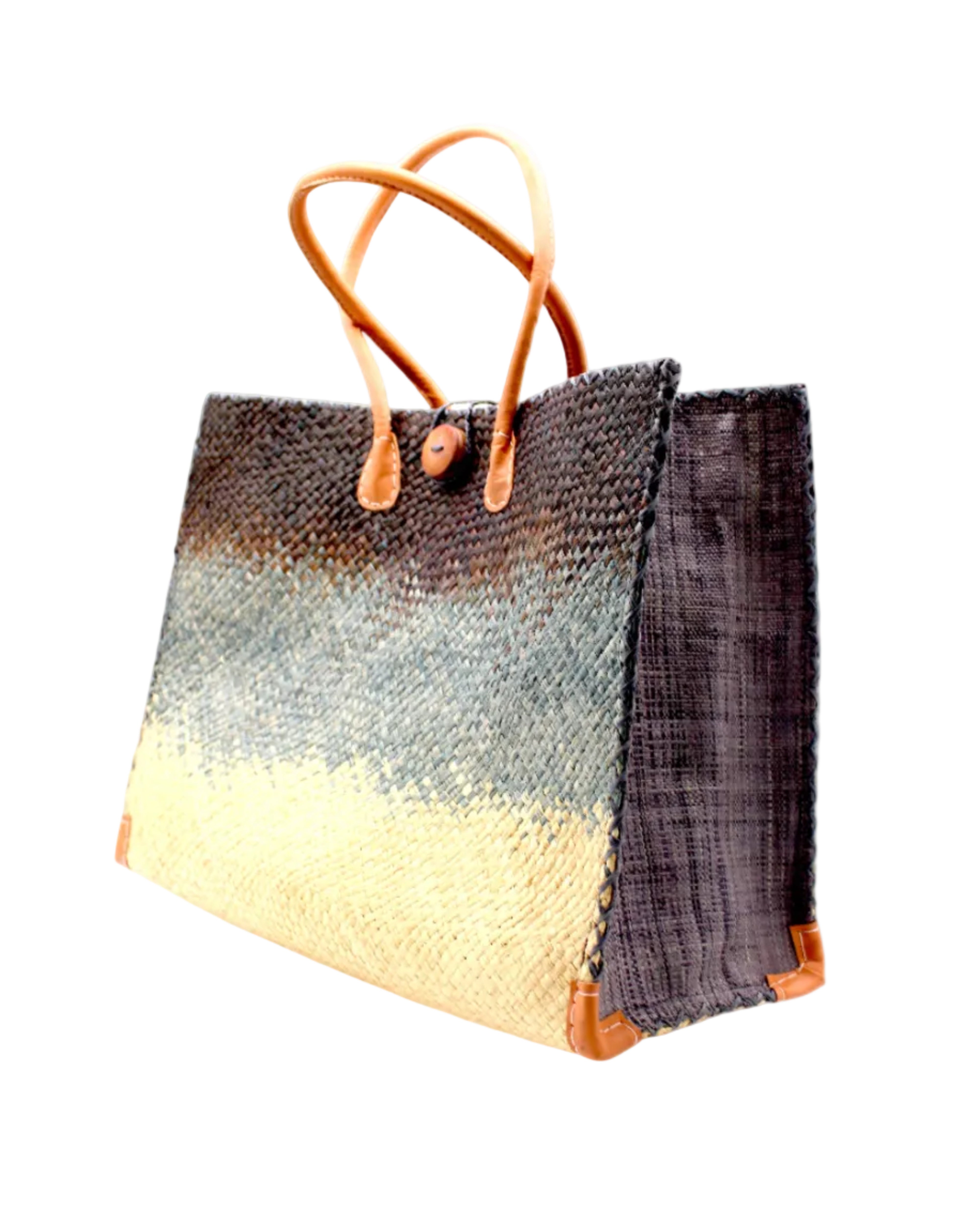 Side View Holden Black Ombre Zafran Straw Beach Bags handmade dip dyed raffia woven into a three part horizontal ombre pattern of black on the top, grey in the middle and both sides, and natural on the bottom with cross stitch edging, wooden button, and leather handles - Shebobo