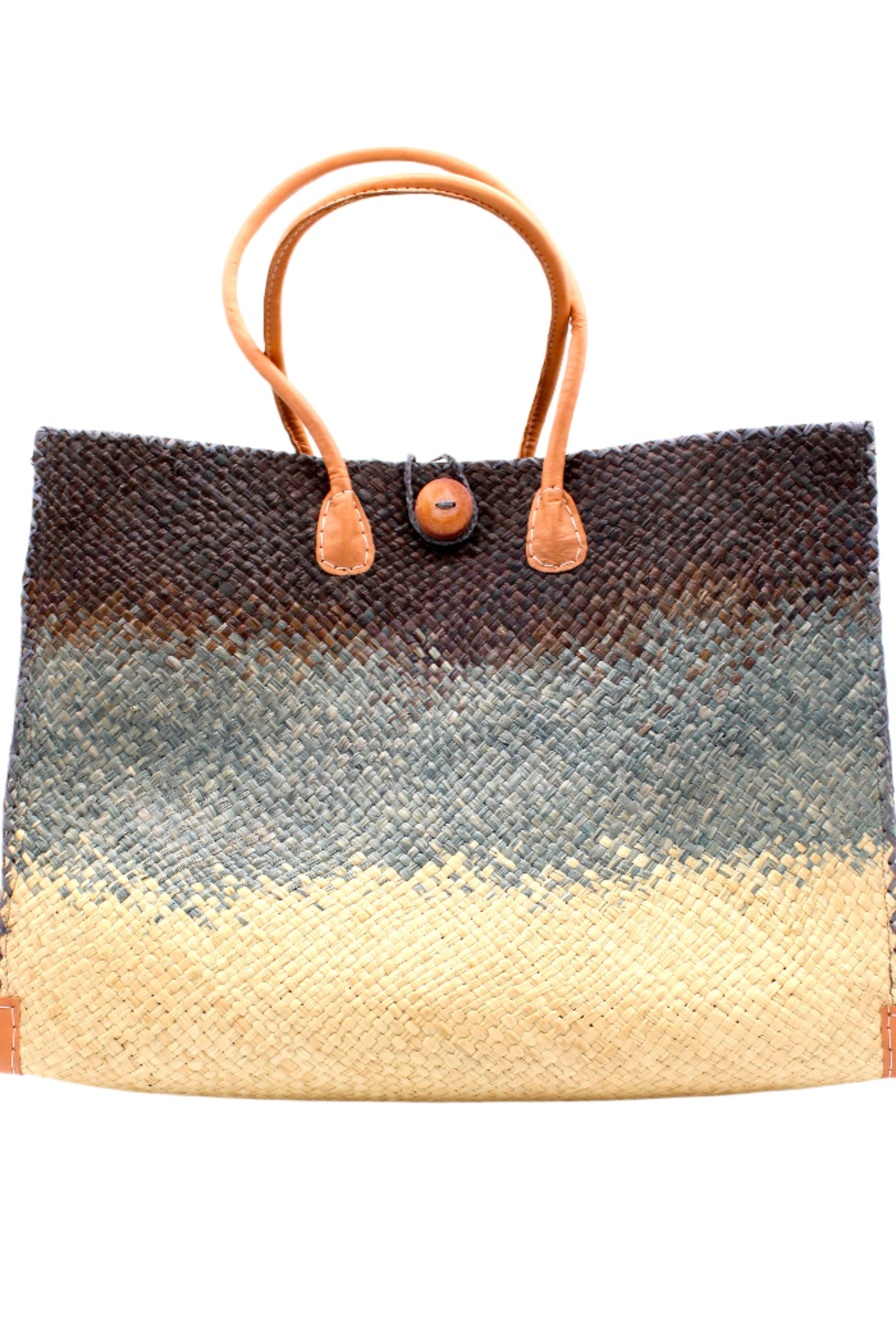 Holden Black Ombre Zafran Straw Beach Bags handmade dip dyed raffia woven into a three part horizontal ombre pattern of black on the top, grey in the middle and both sides, and natural on the bottom with cross stitch edging, wooden button, and leather handles - Shebobo