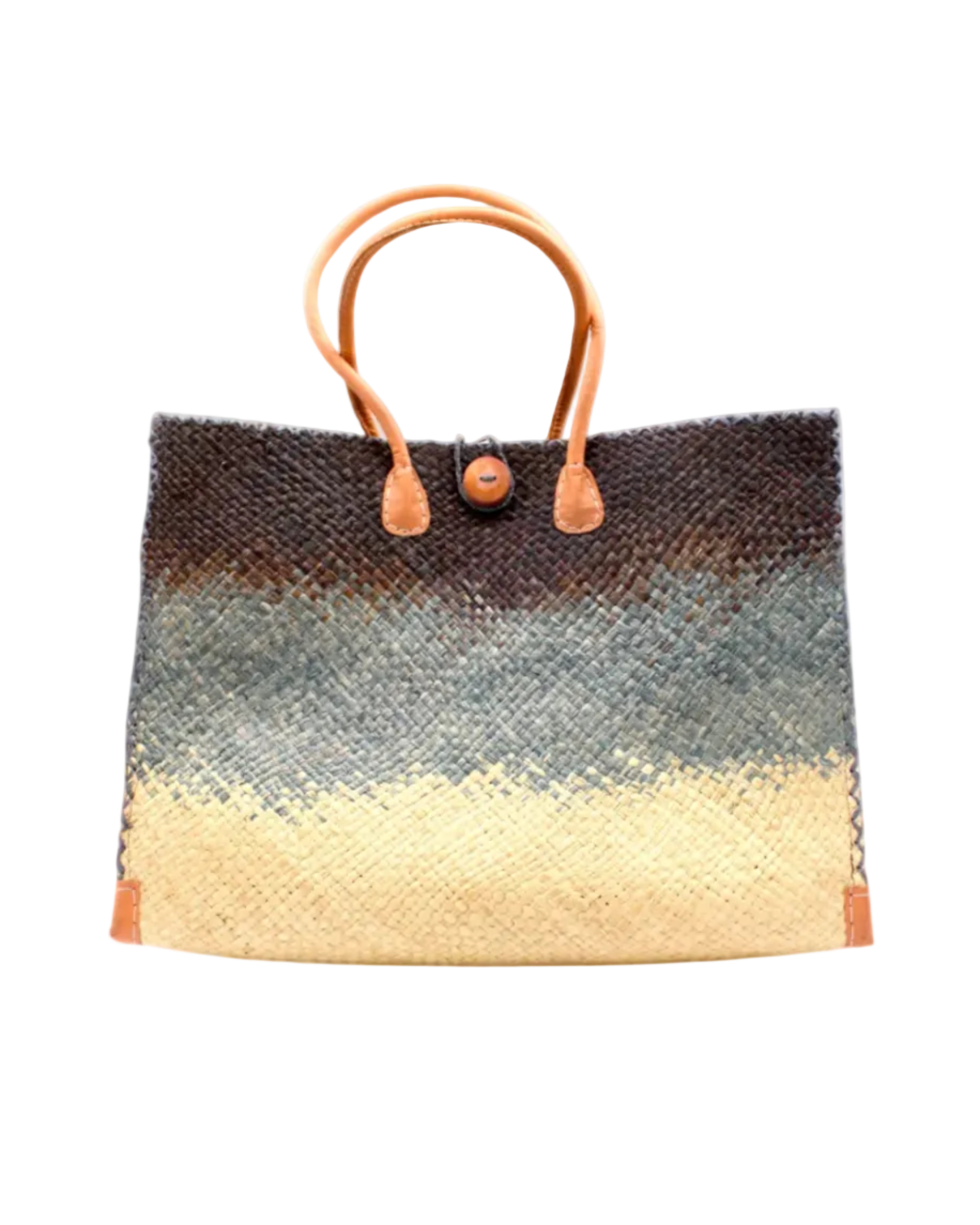 Holden Black Ombre Zafran Straw Beach Bags handmade dip dyed raffia woven into a three part horizontal ombre pattern of black on the top, grey in the middle and both sides, and natural on the bottom with cross stitch edging, wooden button, and leather handles - Shebobo