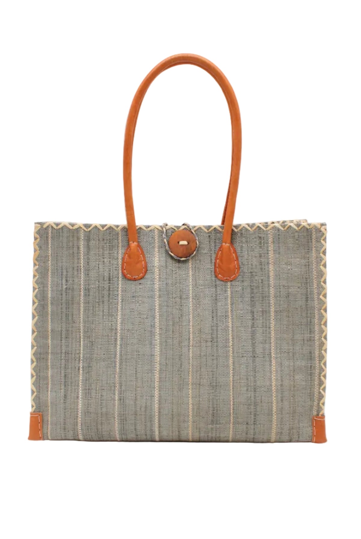 Zafran Grey Pinstripes Straw Beach Bag with Plastic Liner handmade loomed raffia tote in wide bands of gray with narrow bands of natural straw color that make a vertical pinstripe pattern with assorted print plastic lining and leather handles xl bag - Shebobo