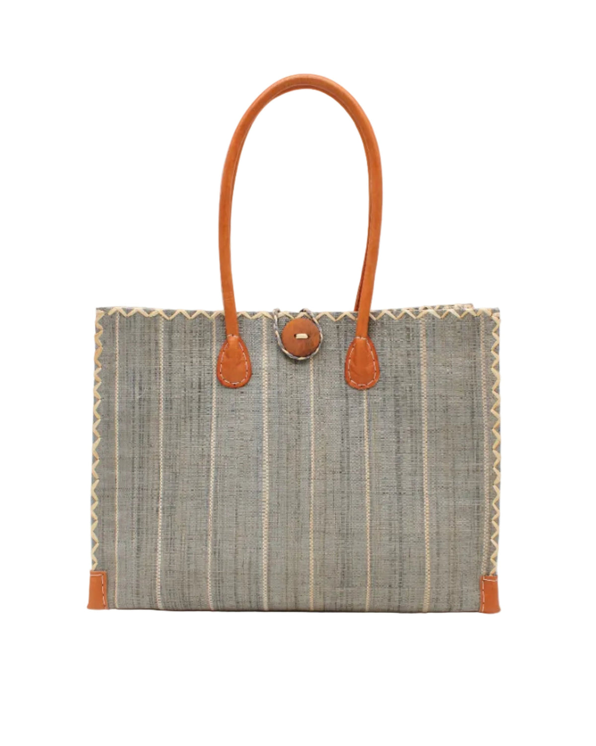 Zafran Grey Pinstripes Large Straw Beach Bag with Plastic Liner handmade loomed raffia tote in wide bands of gray with narrow bands of natural straw color that make a vertical pinstripe pattern with assorted print plastic lining and leather handles xl bag - Shebobo