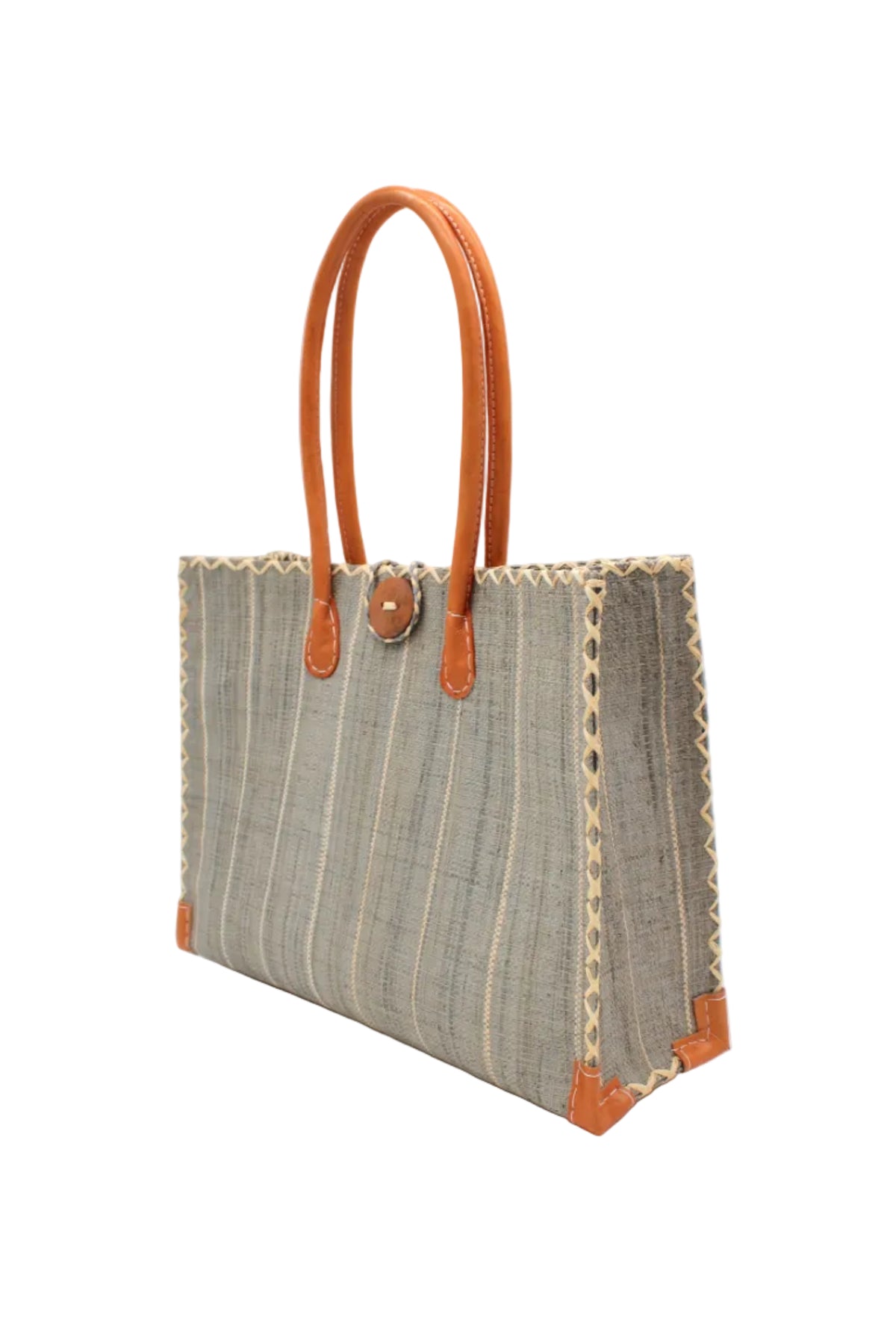 Side view Zafran Grey Pinstripes Straw Beach Bag with Plastic Liner handmade loomed raffia tote in wide bands of gray with narrow bands of natural straw color that make a vertical pinstripe pattern with assorted print plastic lining and leather handles xl bag - Shebobo