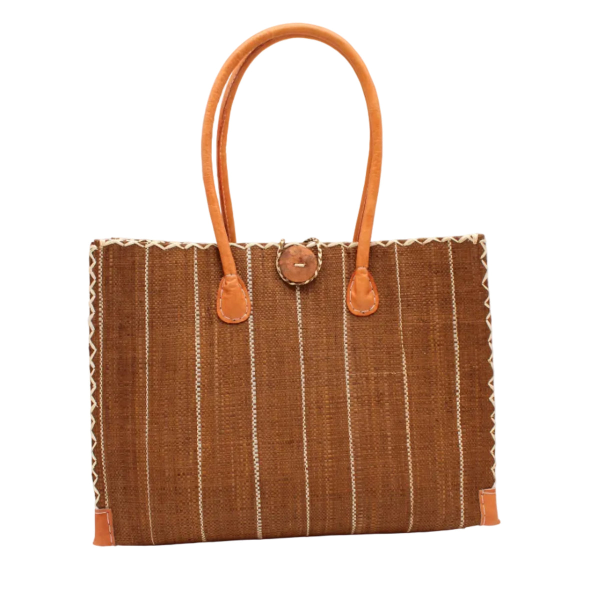 Zafran Tobacco Pinstripes Straw Beach Bag with Plastic Liner handmade loomed raffia tote in wide bands of tobacco dark/cinnamon/brown with narrow bands of natural straw color that make a vertical pinstripe pattern with assorted print plastic lining and leather handles xl bag - Shebobo