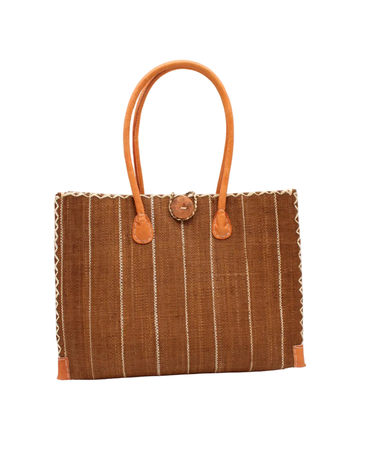 Zafran Tobacco Pinstripes Large Straw Beach Bag with Plastic Liner handmade loomed raffia tote in wide bands of tobacco dark/cinnamon/brown with narrow bands of natural straw color that make a vertical pinstripe pattern with assorted print plastic lining and leather handles xl bag - Shebobo