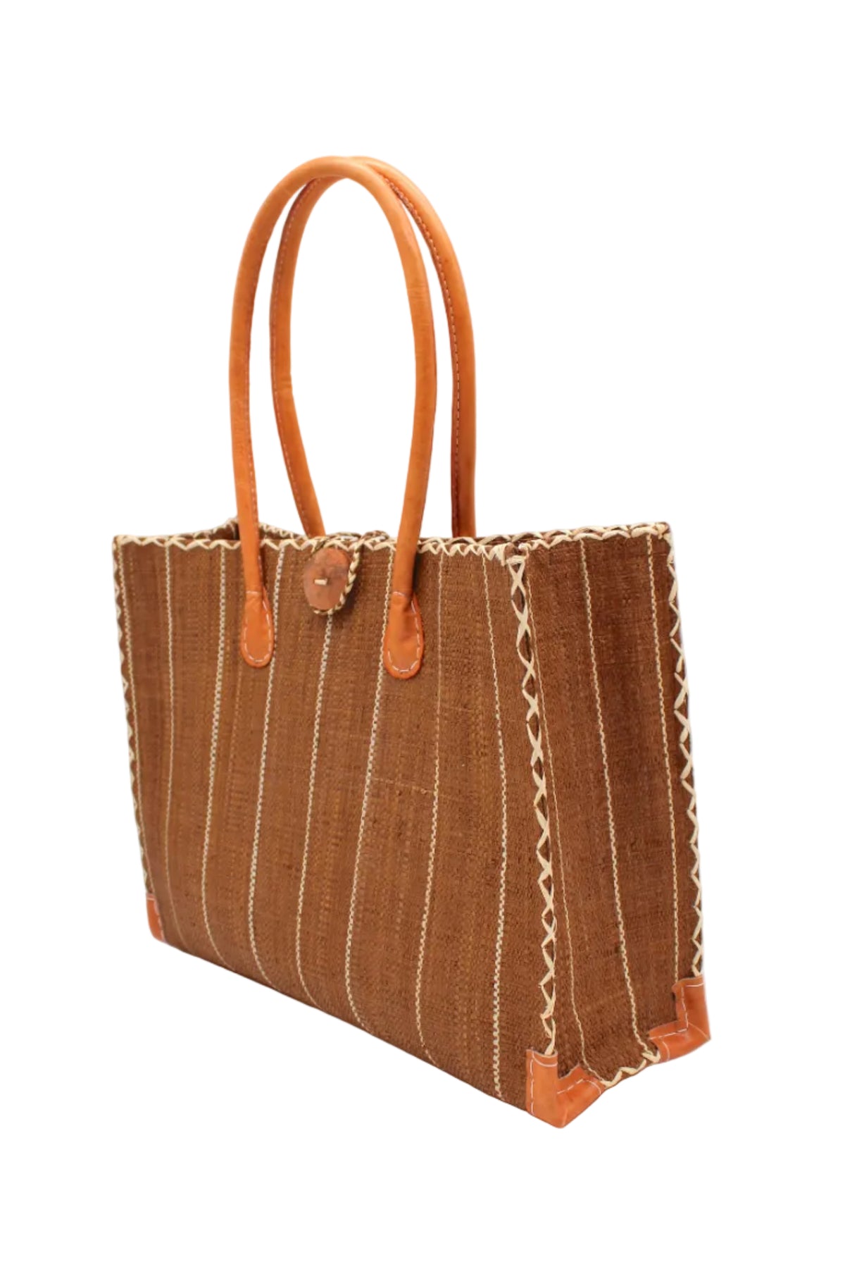 Side view Zafran Tobacco Pinstripes Straw Beach Bag with Plastic Liner handmade loomed raffia tote in wide bands of tobacco dark/cinnamon/brown with narrow bands of natural straw color that make a vertical pinstripe pattern with assorted print plastic lining and leather handles xl bag - Shebobo