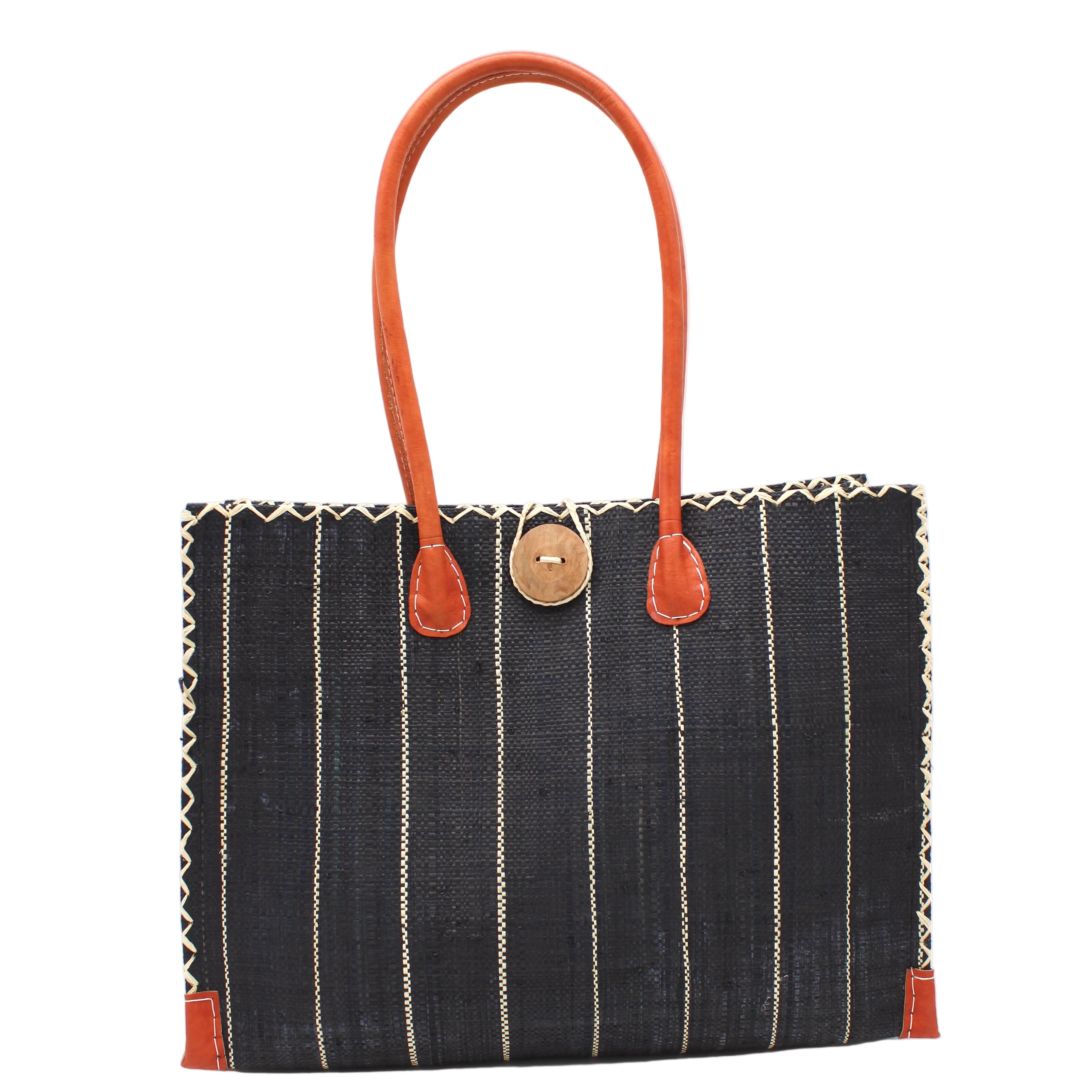 Zafran Black Pinstripes Large Straw Beach Bag with Plastic Liner handmade loomed raffia tote in wide bands of black with narrow bands of natural straw color that make a vertical pinstripe pattern with assorted print plastic lining and leather handles xl bag - Shebobo