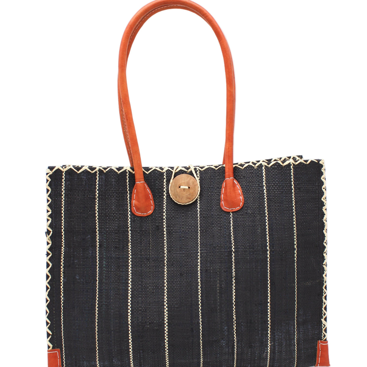 Zafran Black Pinstripes Straw Beach Bag with Plastic Liner handmade loomed raffia tote in wide bands of black with narrow bands of natural straw color that make a vertical pinstripe pattern with assorted print plastic lining and leather handles xl bag - Shebobo