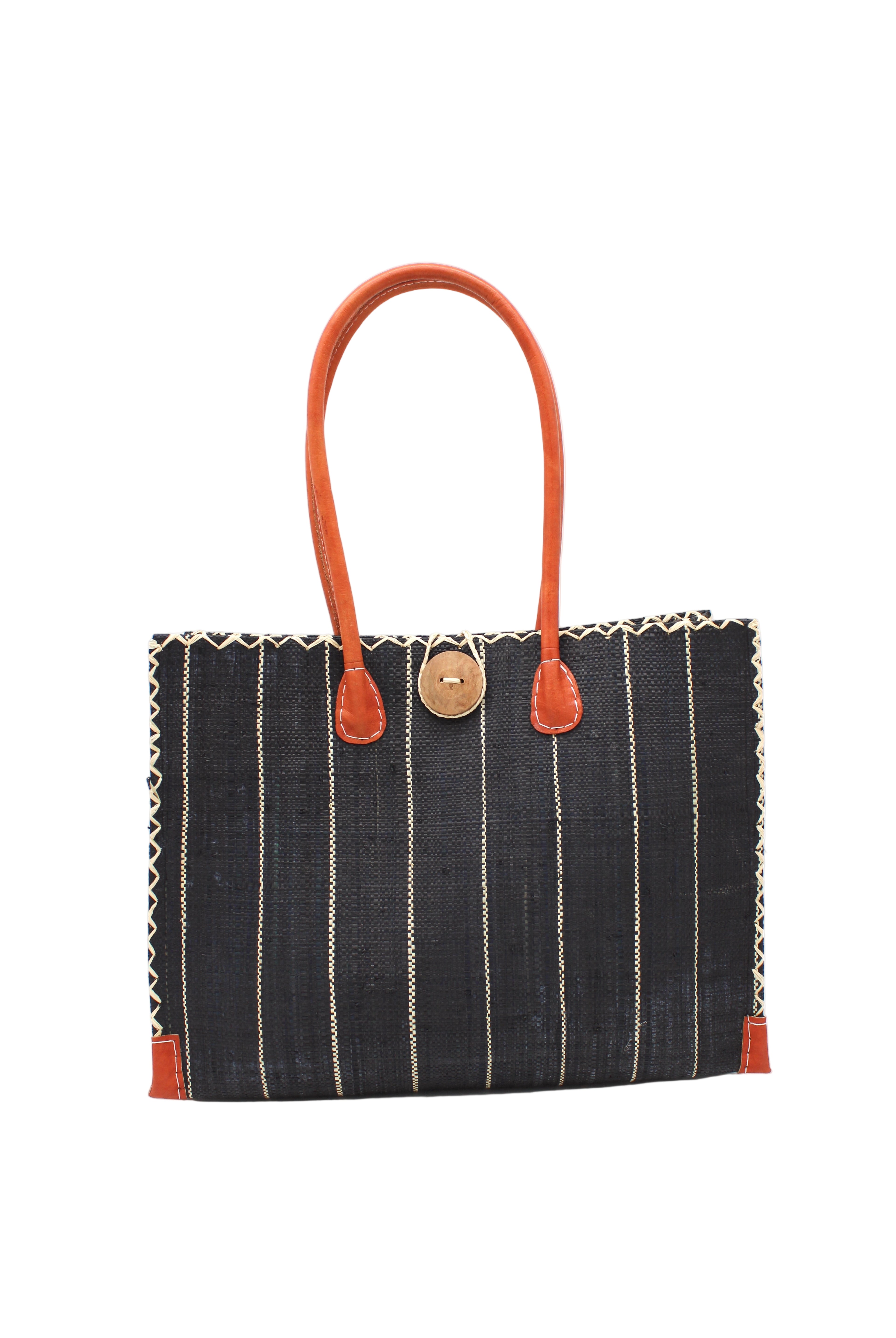 Zafran Black Pinstripes Large Straw Beach Bag with Plastic Liner handmade loomed raffia tote in wide bands of black with narrow bands of natural straw color that make a vertical pinstripe pattern with assorted print plastic lining and leather handles xl bag - Shebobo