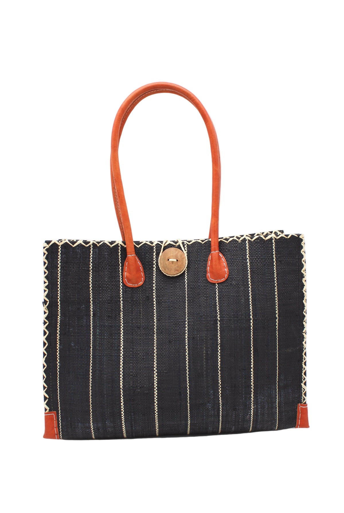 Zafran Black Pinstripes Straw Beach Bag with Plastic Liner handmade loomed raffia tote in wide bands of black with narrow bands of natural straw color that make a vertical pinstripe pattern with assorted print plastic lining and leather handles xl bag - Shebobo