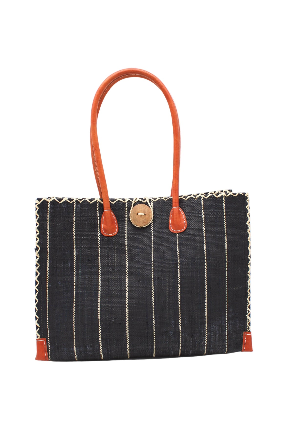 Zafran Black Pinstripes Large Straw Beach Bag with Plastic Liner handmade loomed raffia tote in wide bands of black with narrow bands of natural straw color that make a vertical pinstripe pattern with assorted print plastic lining and leather handles xl bag - Shebobo