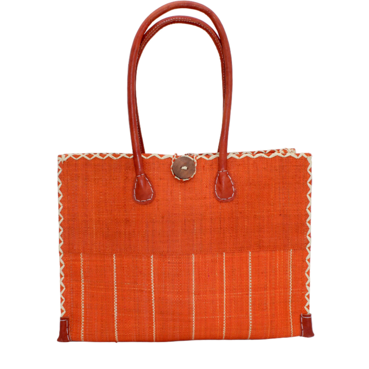 Zafran Two Tone Wide Stripe Coral Pinstripe Straw Beach Bag handmade loomed raffia palm fiber in a solid hue of coral orange/red on the top half of the bag and a multicolor multi-width vertical pinstripe stripe pattern with thin bands of natural straw color with wide bands of coral on the bottom half of the bag with leather handles and feet and matching crosshatch stitch edging shoulder bag - Shebobo
