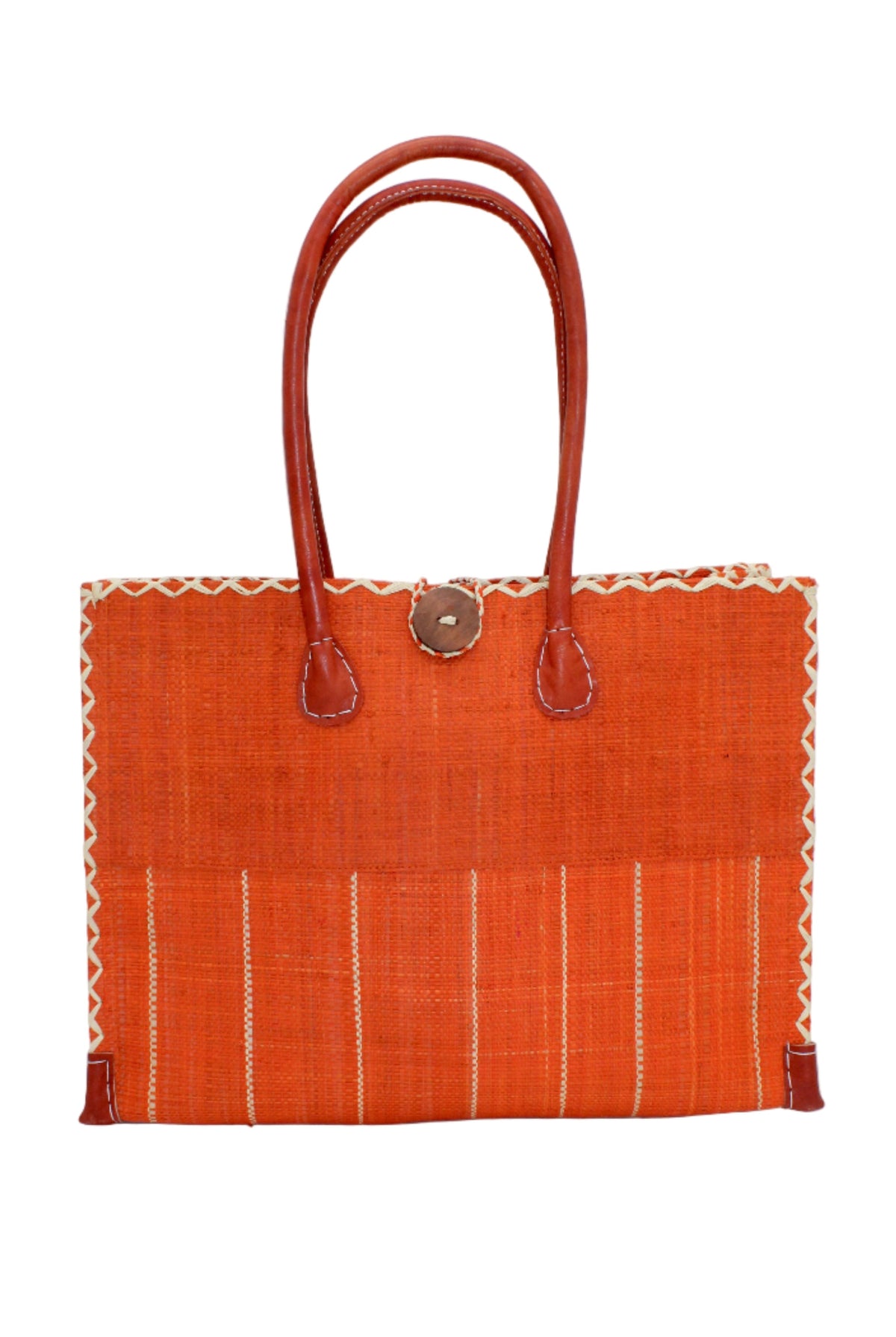 Zafran Two Tone Wide Stripe Coral Pinstripe Straw Beach Bag handmade loomed raffia palm fiber in a solid hue of coral orange/red on the top half of the bag and a multicolor multi-width vertical pinstripe stripe pattern with thin bands of natural straw color with wide bands of coral on the bottom half of the bag with leather handles and feet and matching crosshatch stitch edging shoulder bag - Shebobo