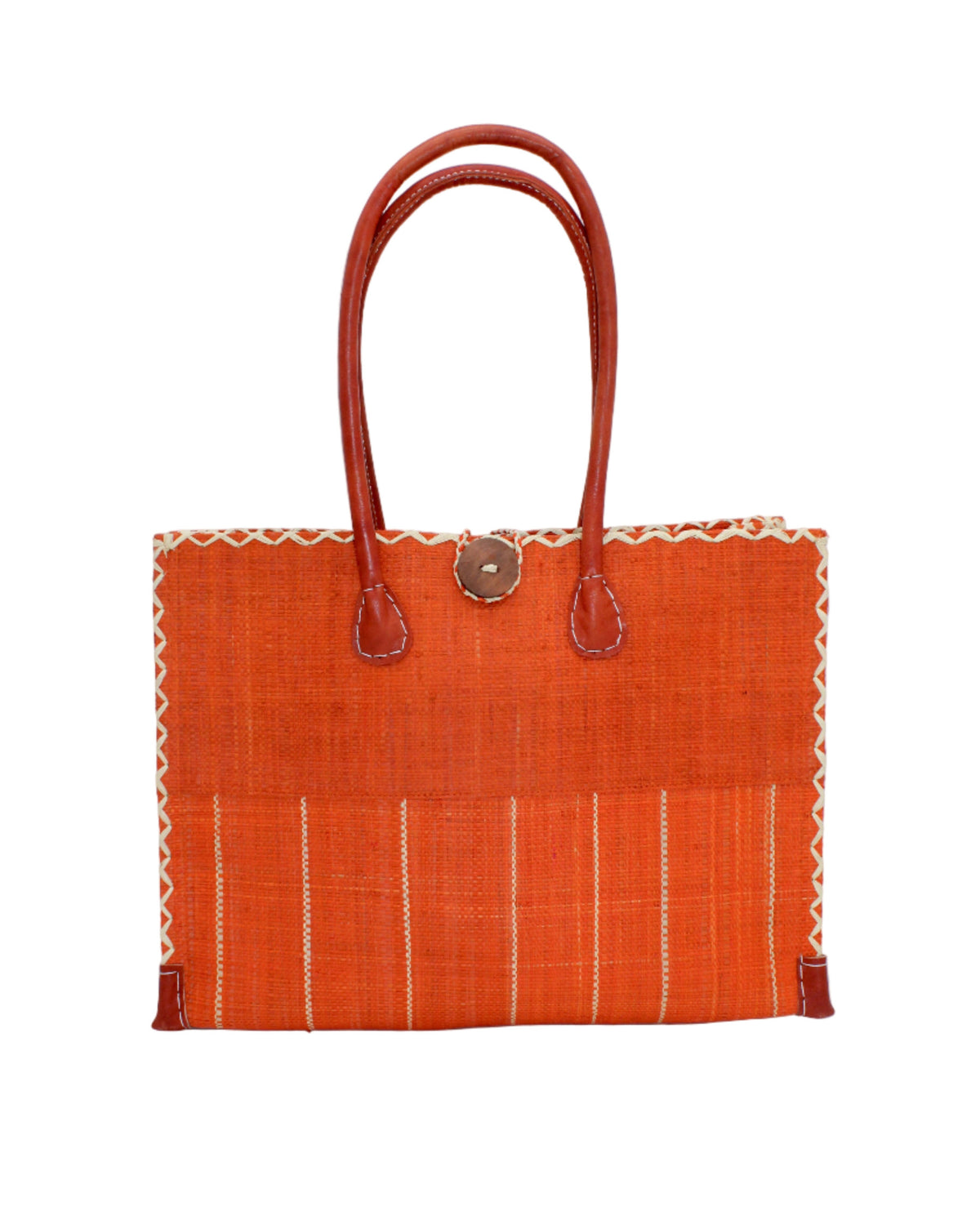 Zafran Two Tone Wide Stripe Coral Pinstripe Straw Beach Bag handmade loomed raffia palm fiber in a solid hue of coral orange/red on the top half of the bag and a multicolor multi-width vertical pinstripe stripe pattern with thin bands of natural straw color with wide bands of coral on the bottom half of the bag with leather handles and feet and matching crosshatch stitch edging shoulder bag - Shebobo