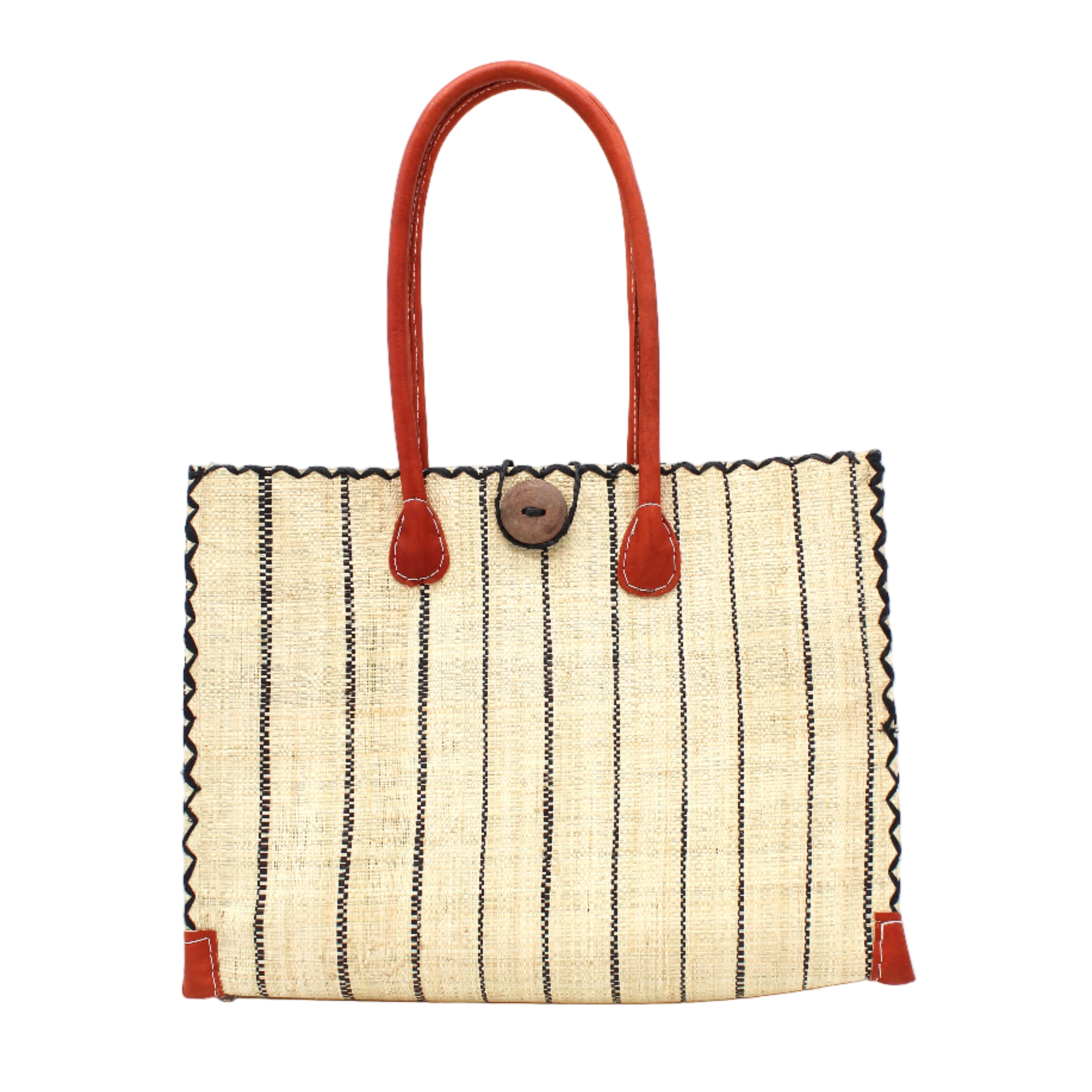 Zafran Natural Pinstripes Large Straw Beach Bag with Plastic Liner handmade loomed raffia tote in wide bands of natural straw color with narrow bands of black that make a vertical pinstripe pattern with assorted print plastic lining and leather handles xl bag - Shebobo