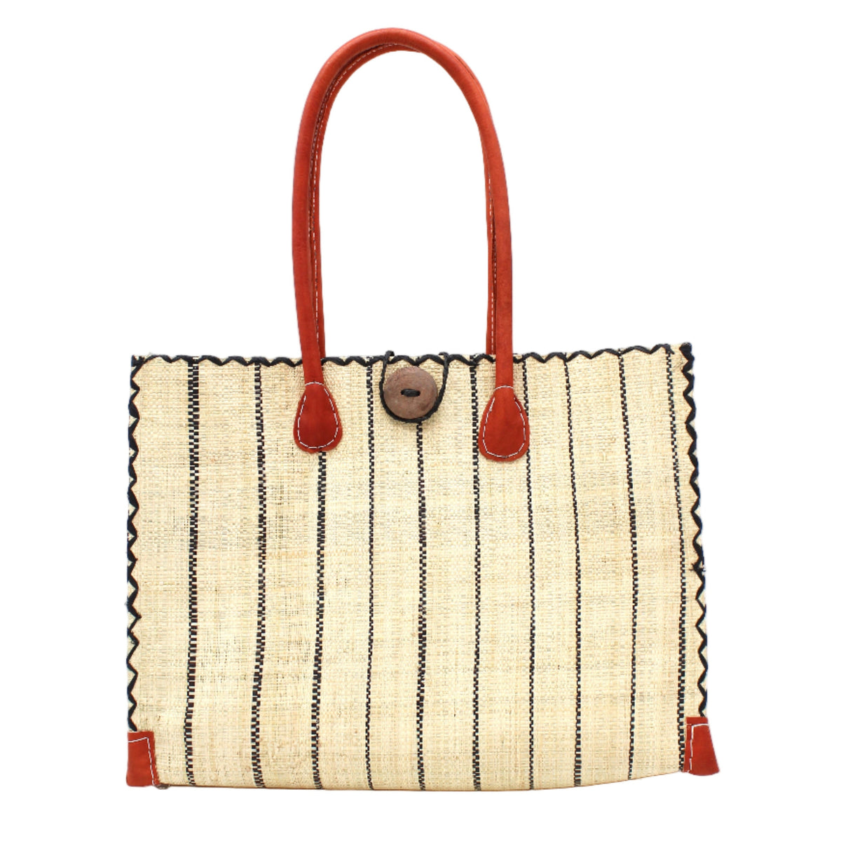 Zafran Natural Pinstripes Straw Beach Bag with Plastic Liner handmade loomed raffia tote in wide bands of natural straw color with narrow bands of black that make a vertical pinstripe pattern with assorted print plastic lining and leather handles xl bag - Shebobo