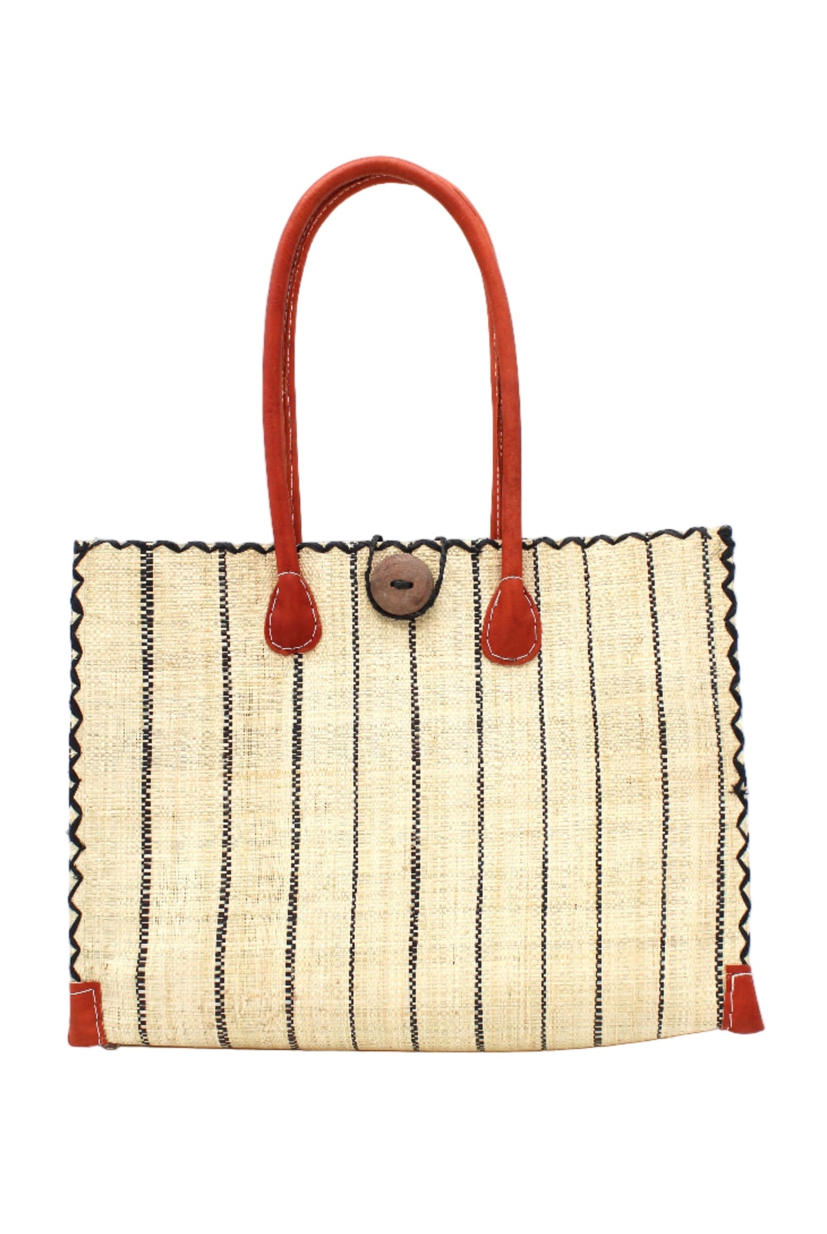 Zafran Natural Pinstripes Straw Beach Bag with Plastic Liner handmade loomed raffia tote in wide bands of natural straw color with narrow bands of black that make a vertical pinstripe pattern with assorted print plastic lining and leather handles xl bag - Shebobo