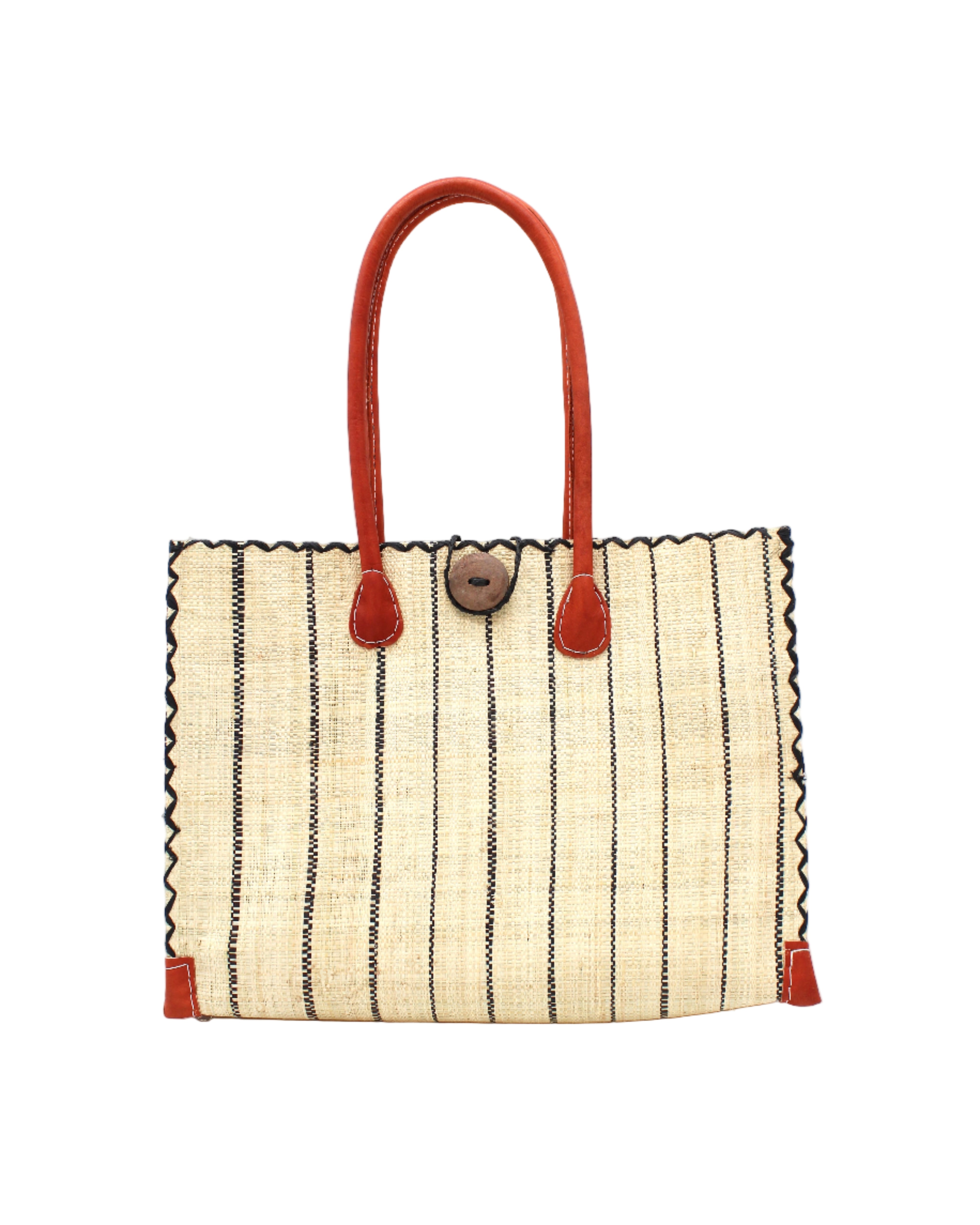 Zafran Natural Pinstripes Large Straw Beach Bag with Plastic Liner handmade loomed raffia tote in wide bands of natural straw color with narrow bands of black that make a vertical pinstripe pattern with assorted print plastic lining and leather handles xl bag - Shebobo