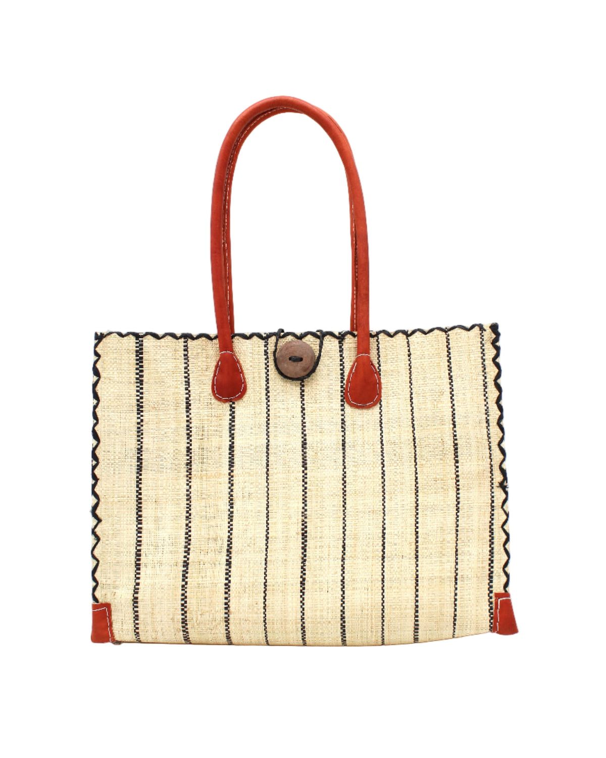 Zafran Natural Pinstripes Large Straw Beach Bag with Plastic Liner handmade loomed raffia tote in wide bands of natural straw color with narrow bands of black that make a vertical pinstripe pattern with assorted print plastic lining and leather handles xl bag - Shebobo