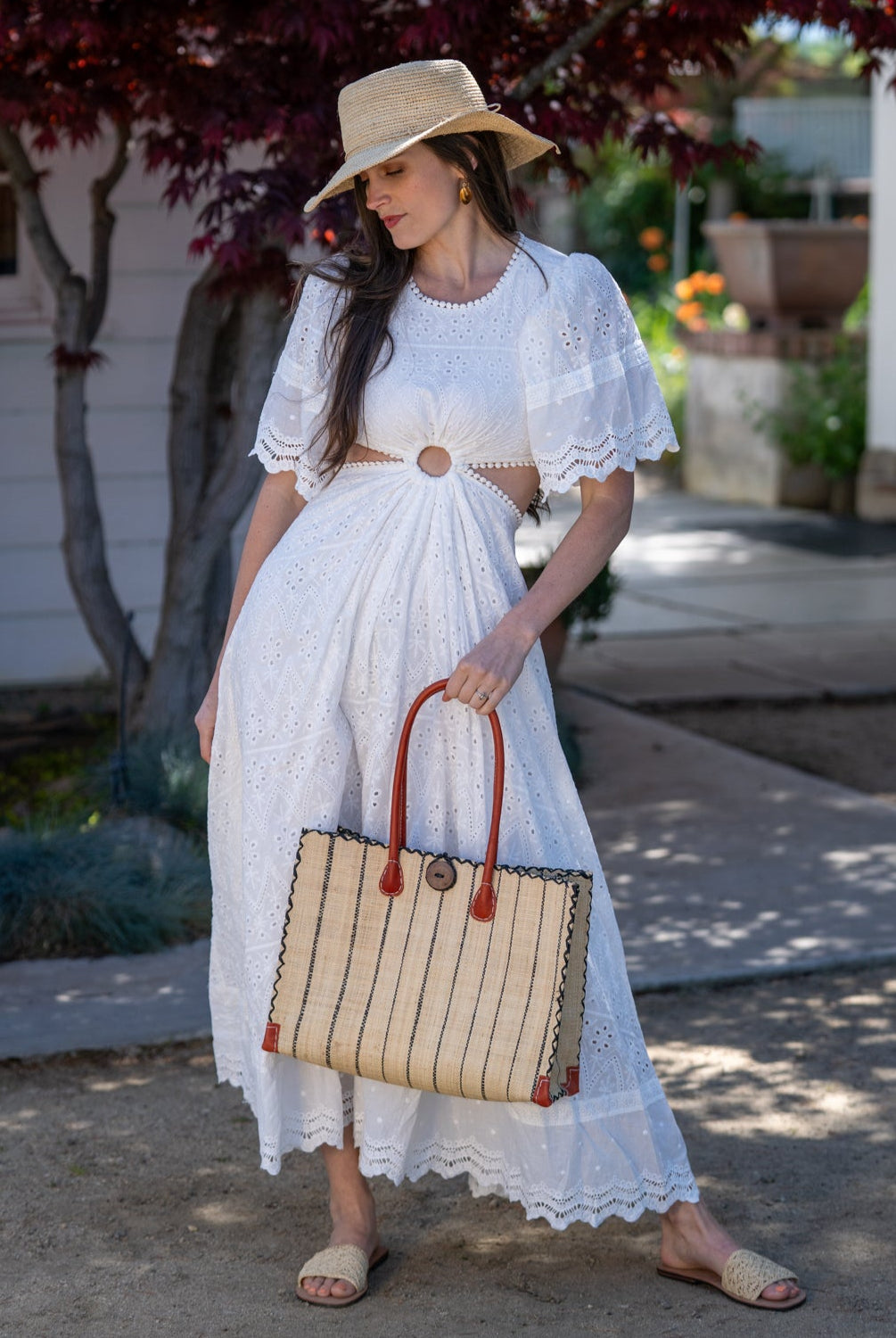 Zafran Natural Pinstripes Large Straw Beach Bag with Plastic Liner handmade loomed raffia tote in wide bands of natural straw color with narrow bands of black that make a vertical pinstripe pattern with assorted print plastic lining and leather handles xl bag - Shebobo (with Bolero Natural Crochet Straw Sun Hat and Lulu Natural Macrame Straw Sandal)