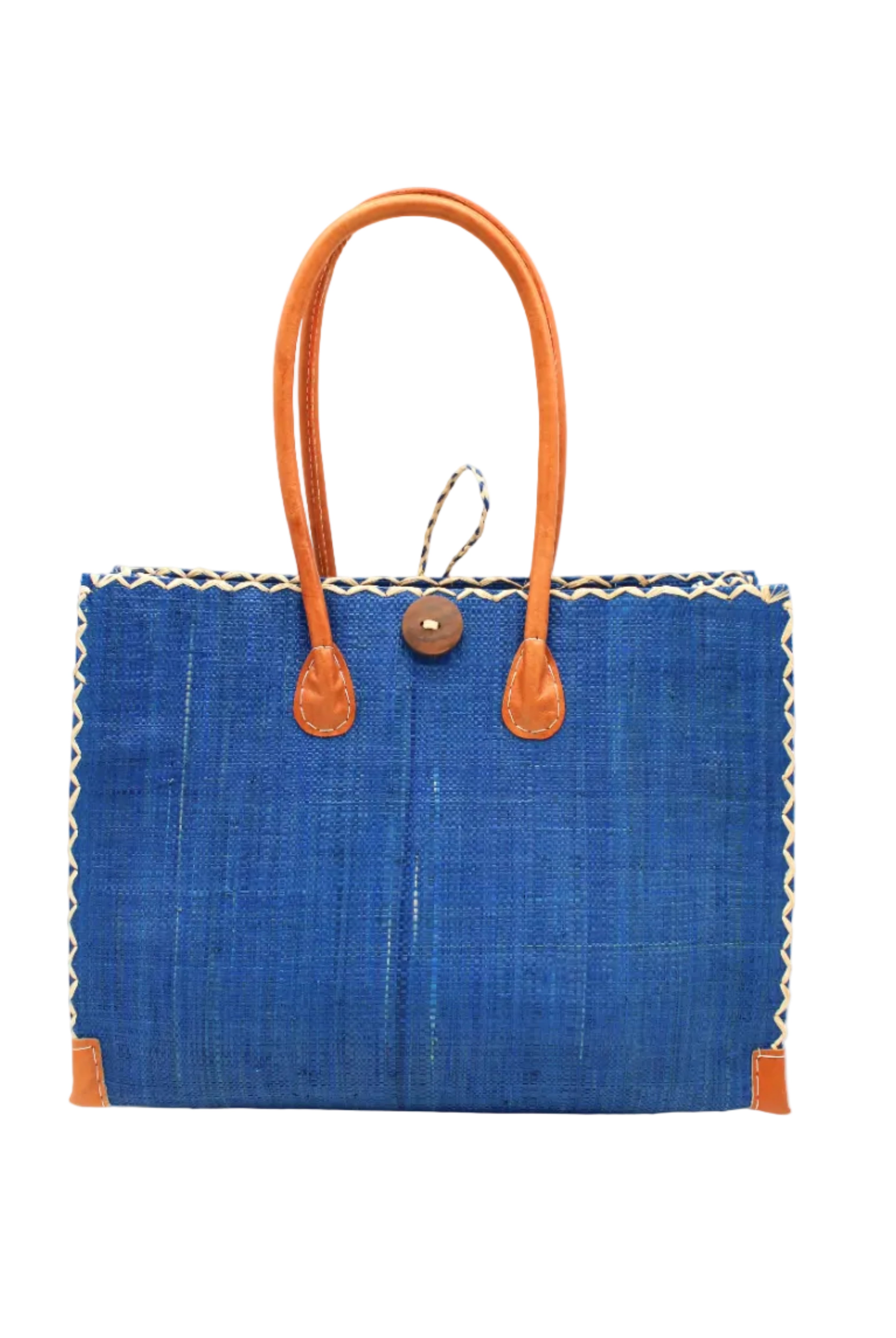 Zafran Straw Beach Bag with Plastic Liner handmade loomed raffia in a solid hue of Azure intense/bright/blue with contrasting natural straw color cross stitch edge binding, wood button closure, and leather handles & feet plus assorted print plastic lining - Shebobo